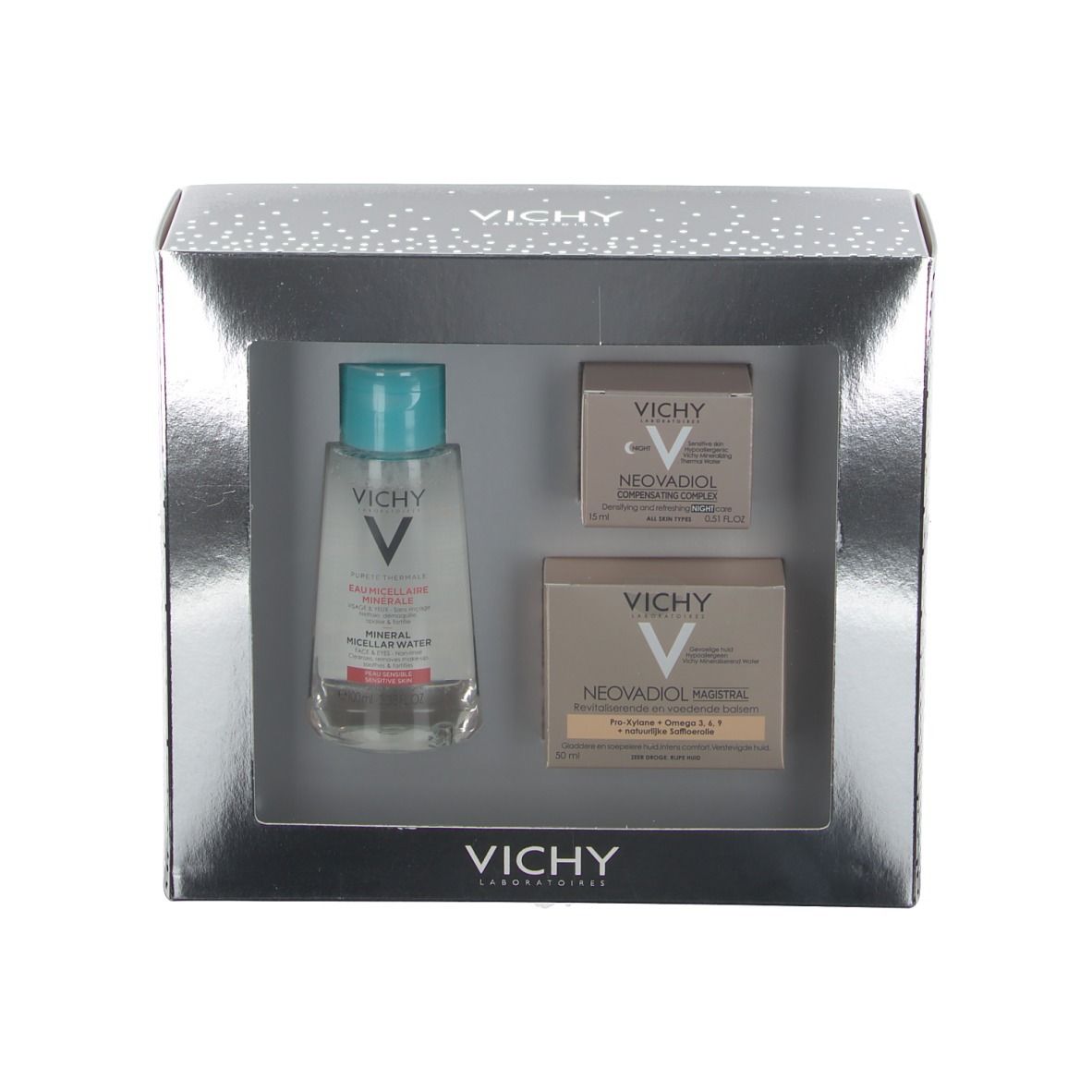 Coffret cadeau Vichy avec fluide micellaire, soin de jour et de nuit. Emballage argenté avec fenêtre transparente.