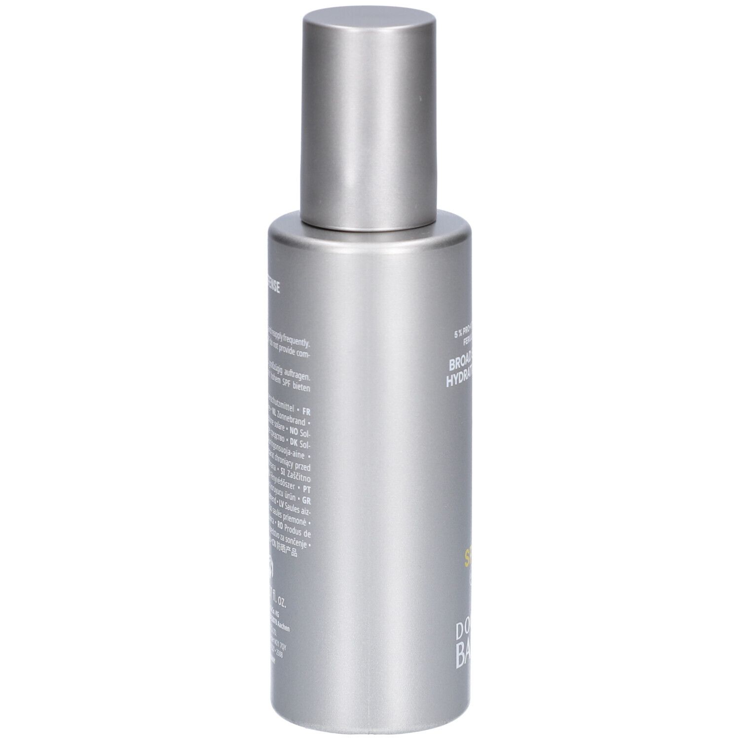 Silberne Flasche mit silbernem Deckel. Text: SPF 30, Doctor Babor. Aufschrift auf der Flasche.