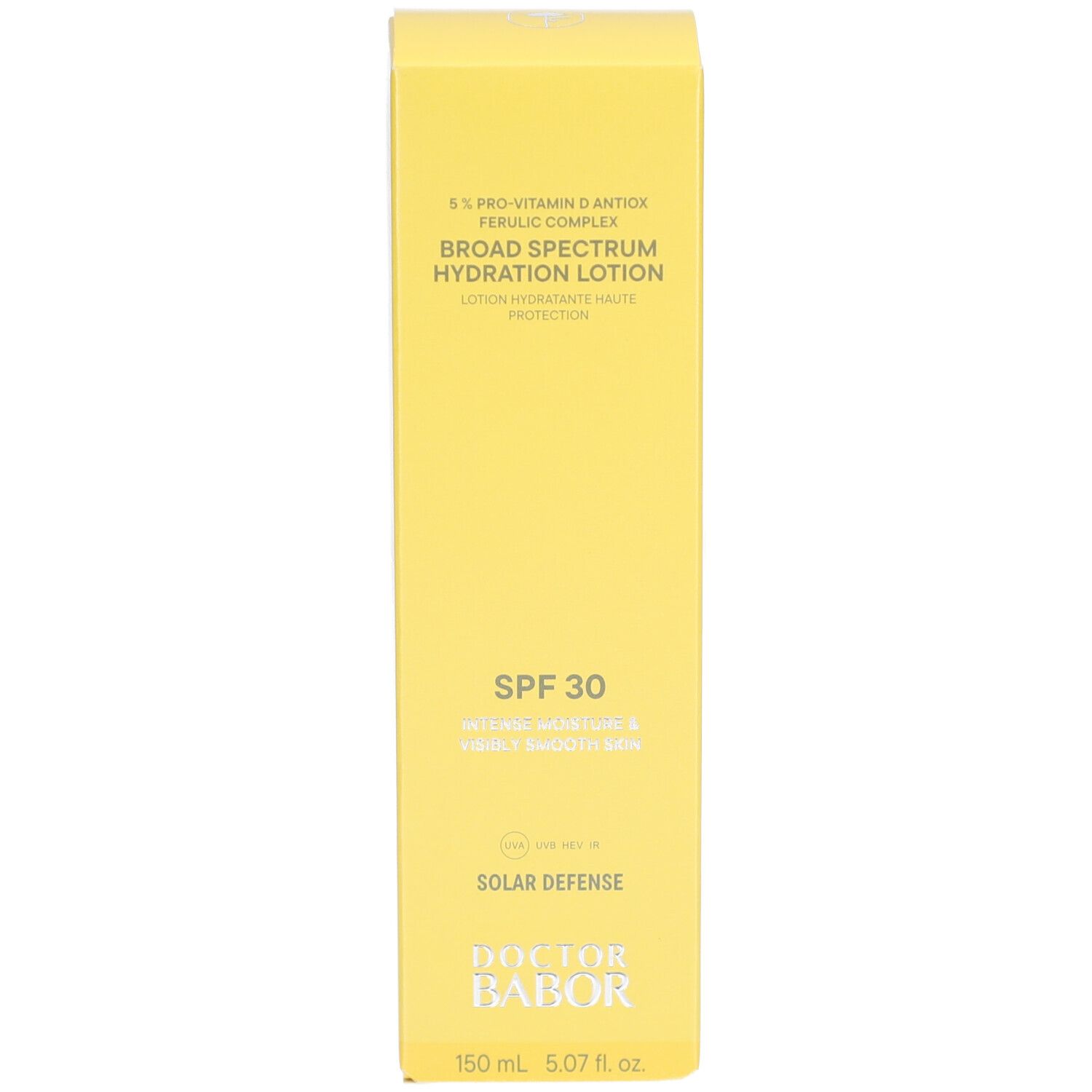 Gelbe Schachtel. Text: SPF 30, Doctor Babor. Aufschrift auf der Schachtel.