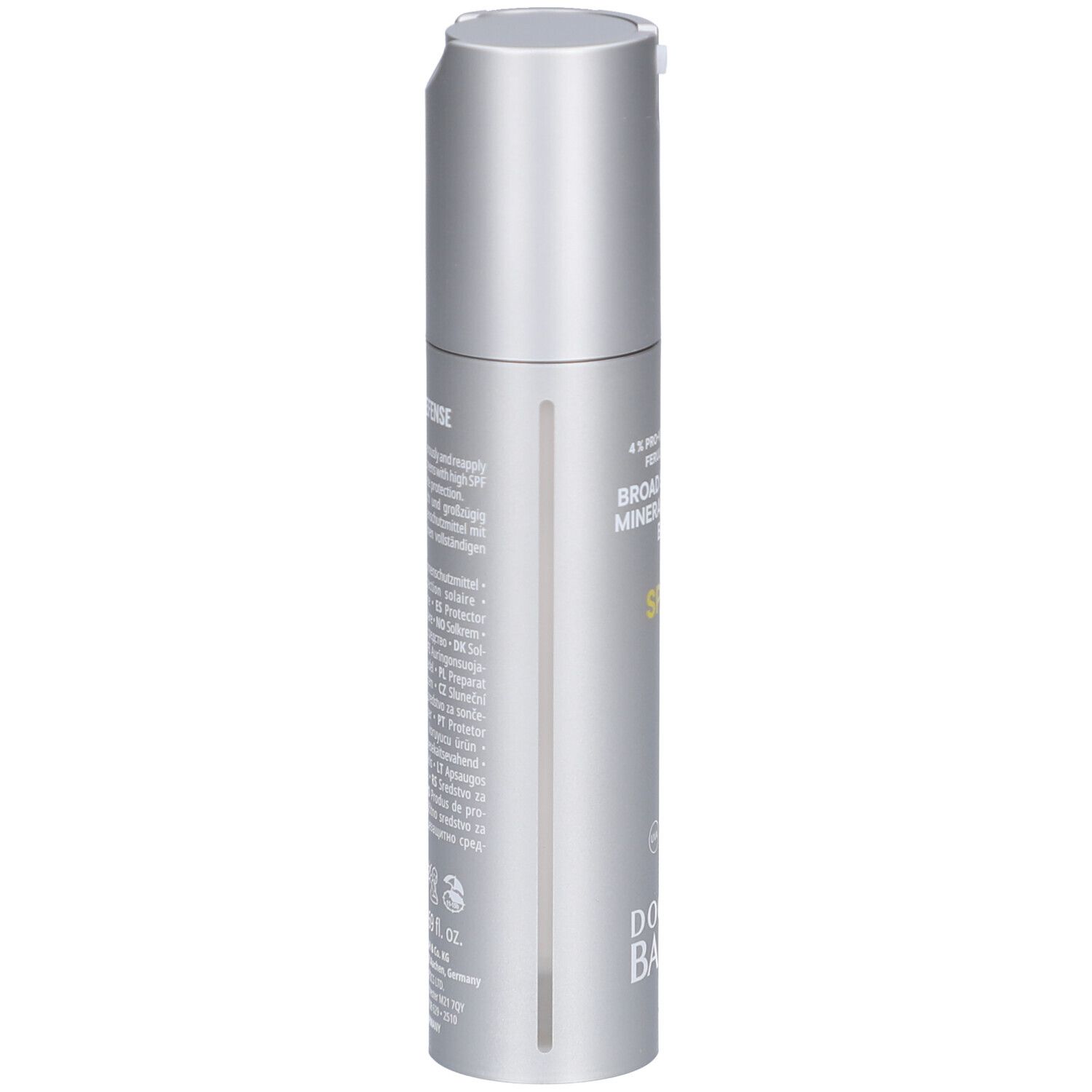Silberne Flasche mit Text. Aufschrift: BROAD SPECTRUM MINERAL INVISIBLE BALM SPF 30. Marke: DOCTOR BABOR.