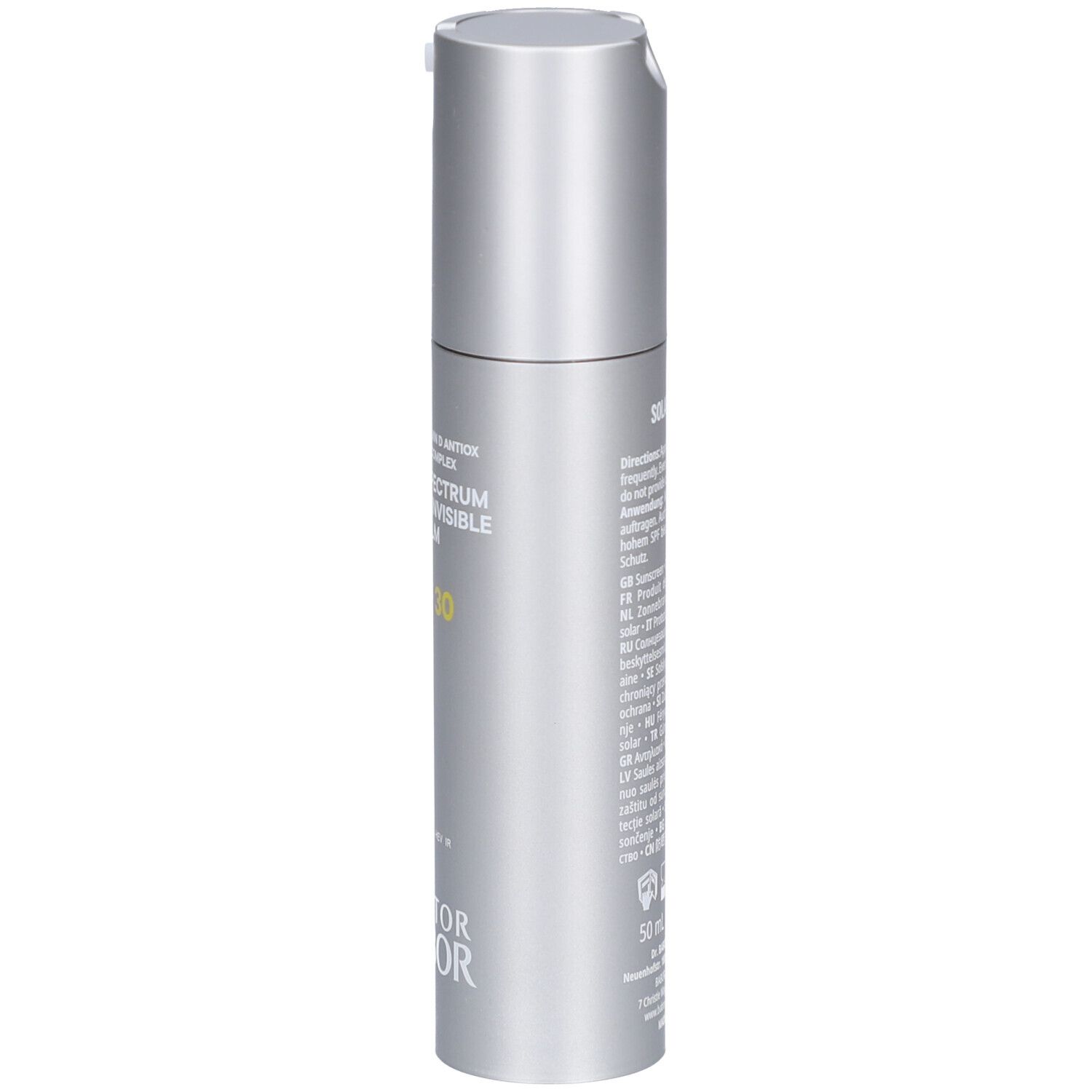 Silberne Flasche mit Text. Aufschrift: BROAD SPECTRUM MINERAL INVISIBLE BALM SPF 30. Marke: DOCTOR BABOR.