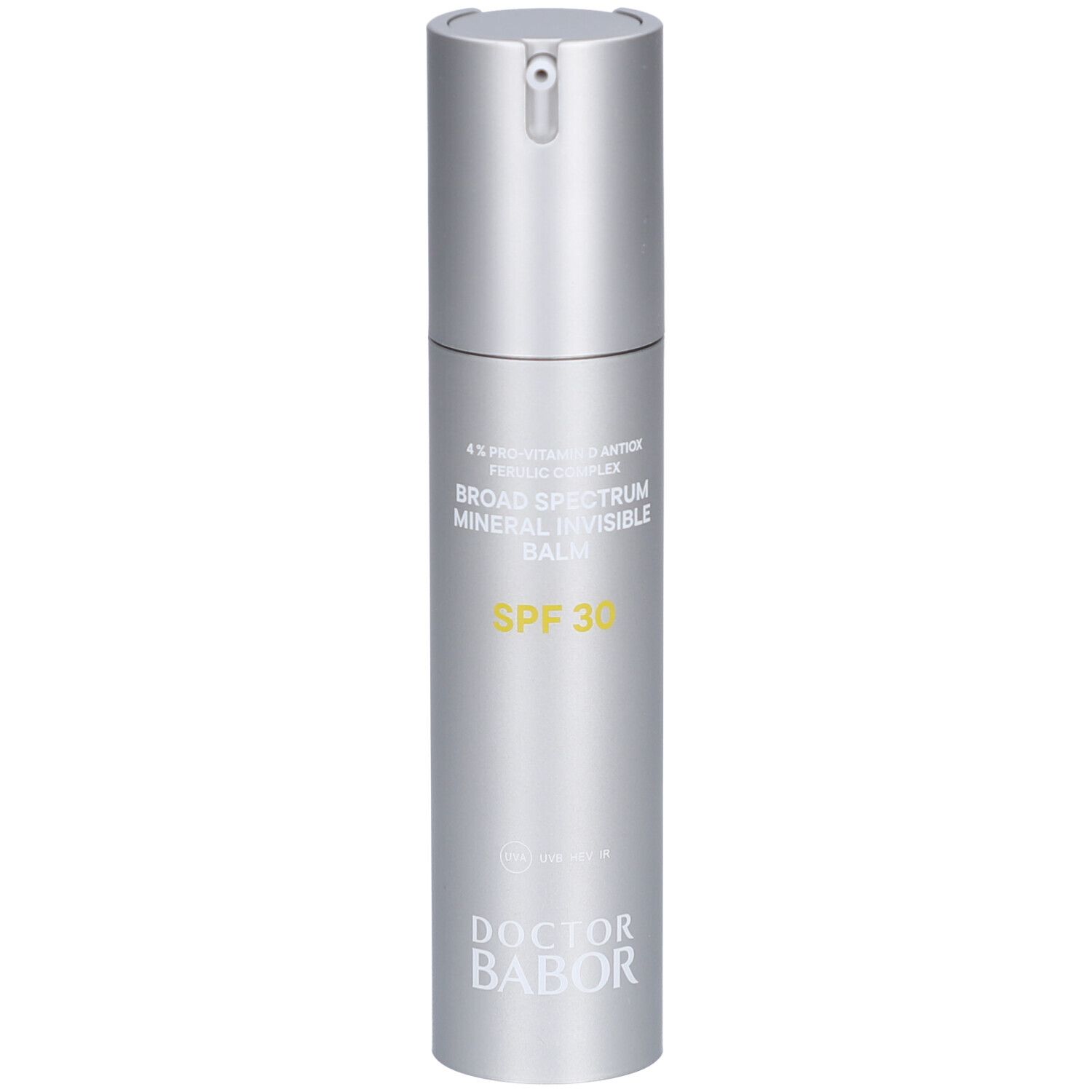 Silberne Flasche mit Text. Aufschrift: BROAD SPECTRUM MINERAL INVISIBLE BALM SPF 30. Marke: DOCTOR BABOR.