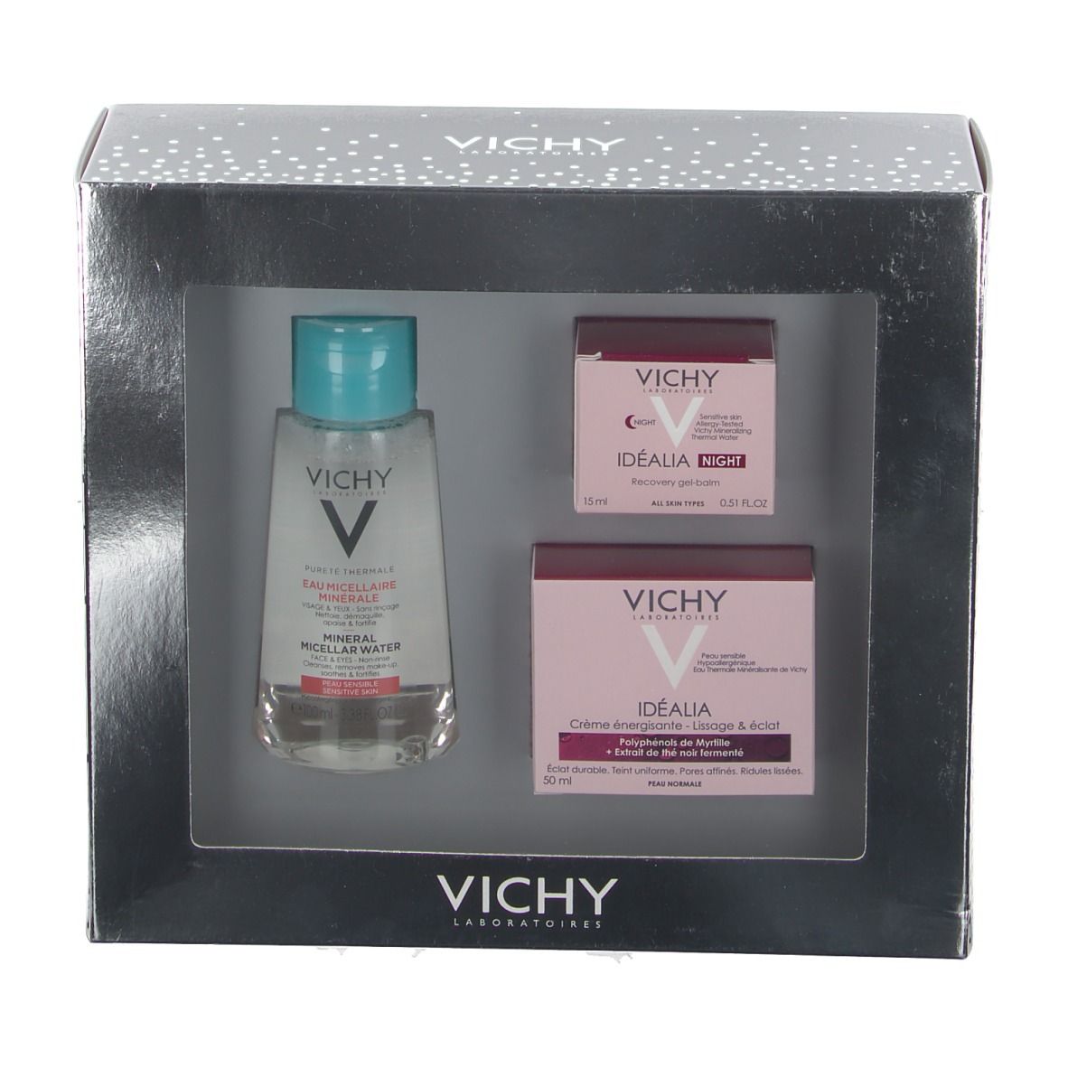 Geschenkset mit drei Vichy-Produkten: Mizellen-Reinigungswasser, Nachtbalsam und Tagespflege. Verpackt in einer silbernen Box.