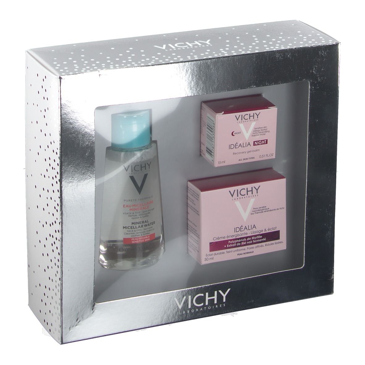 Geschenkset mit Vichy-Produkten: Mizellenwasser, Nachtbalsam und Tagespflege. Verpackung mit transparentem Fenster.