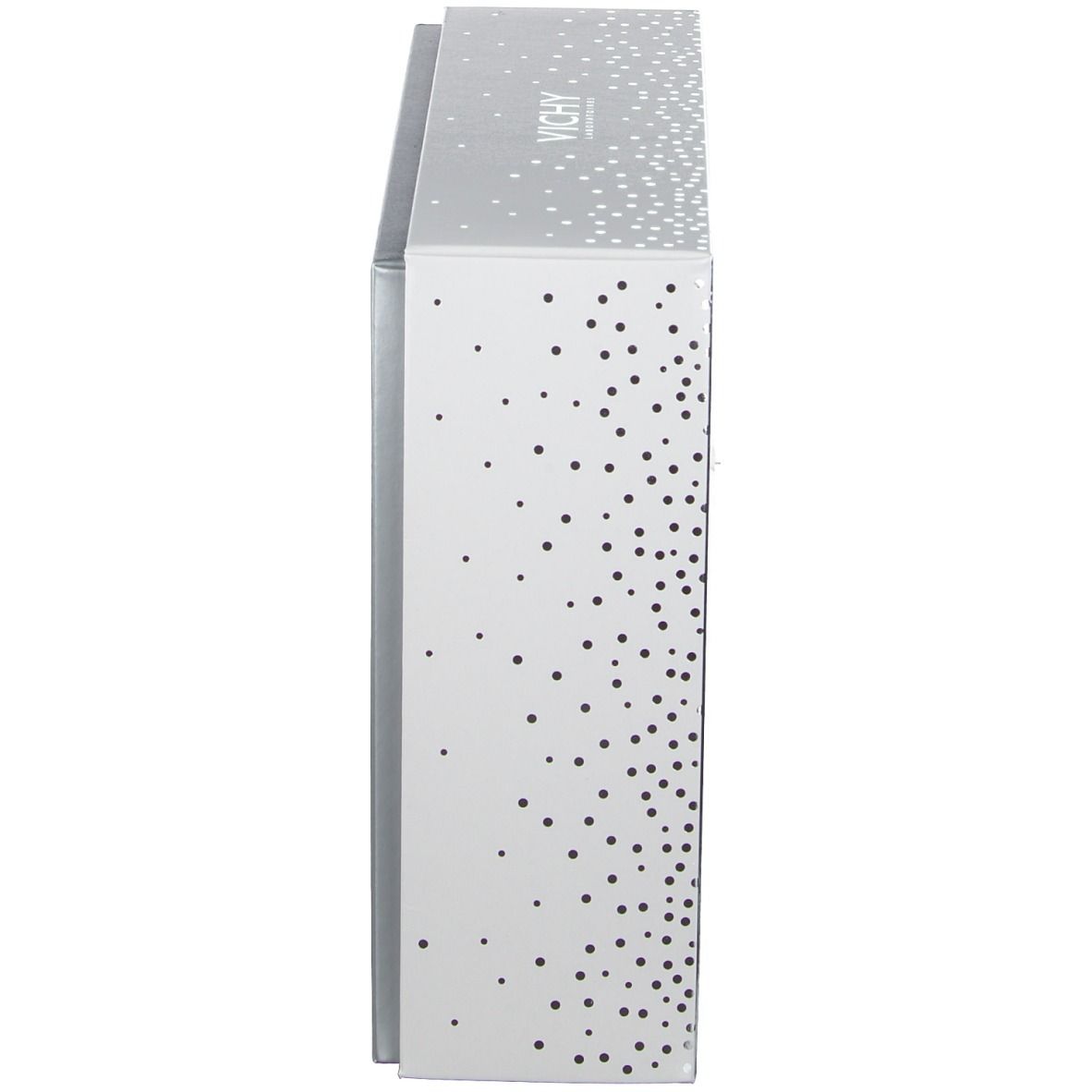 Silberne Geschenkbox mit Vichy-Logo und gepunktetem Muster. Seitenansicht.