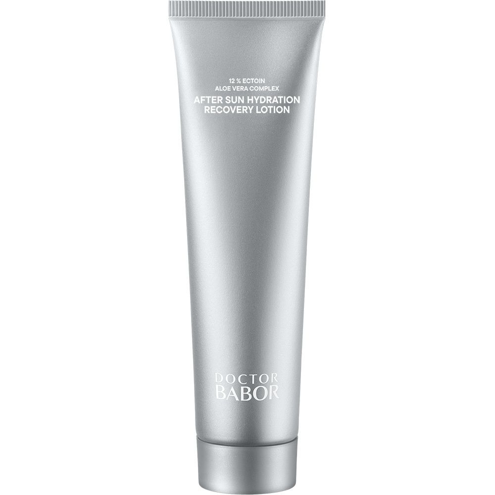 Boîte jaune. Inscription : After Sun Hydration Recovery Lotion, Doctor Babor. En bas : 150 ml.