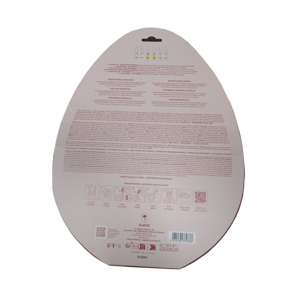 Rückseite der eiförmigen Verpackung. Text in mehreren Sprachen. QR-Codes und Barcode. Babor-Logo.
