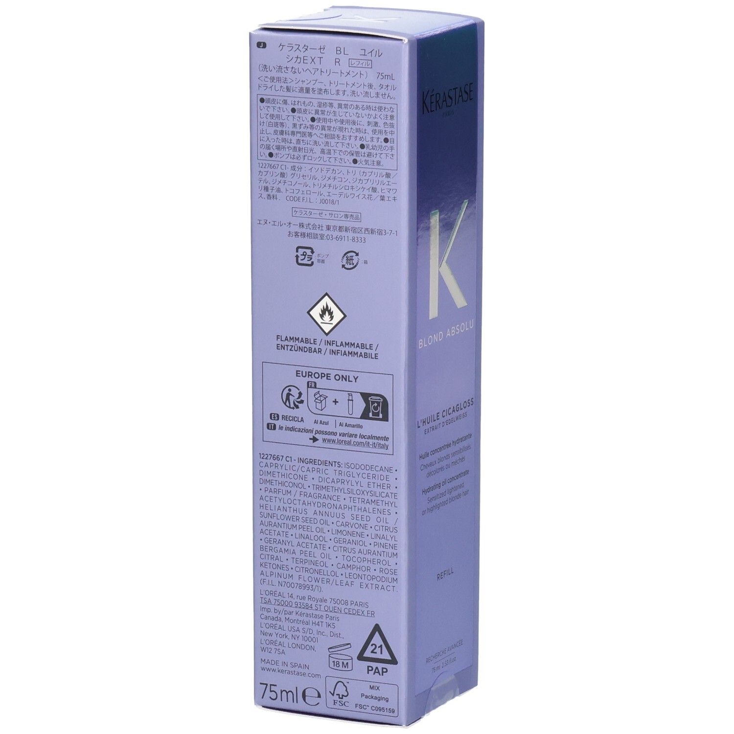 Arrière de l'emballage Kérastase Blond Absolu Huile Cicagloss Recharge avec ingrédients et avertissements.