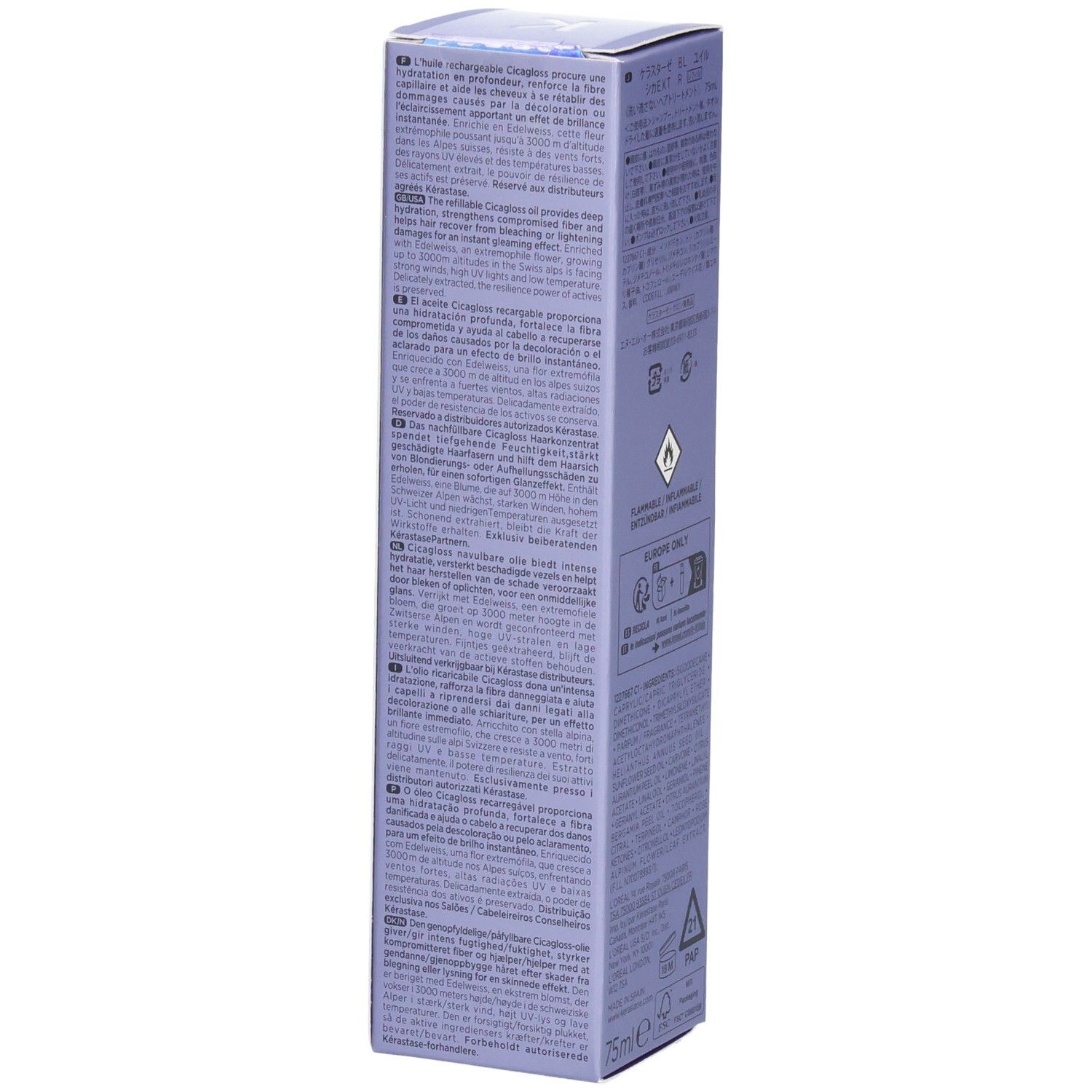 Vue latérale de l'emballage Kérastase Blond Absolu Huile Cicagloss Recharge avec informations produit.