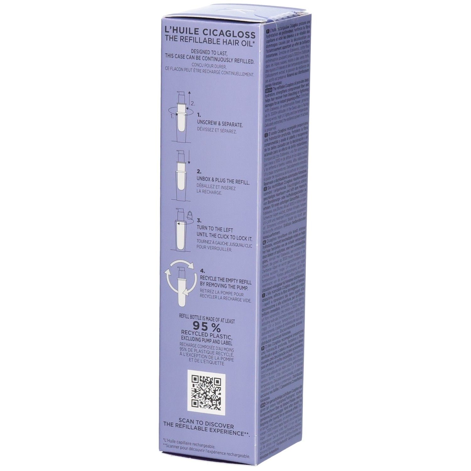 Emballage Kérastase Blond Absolu Huile Cicagloss Recharge avec étapes détaillées pour la recharge.