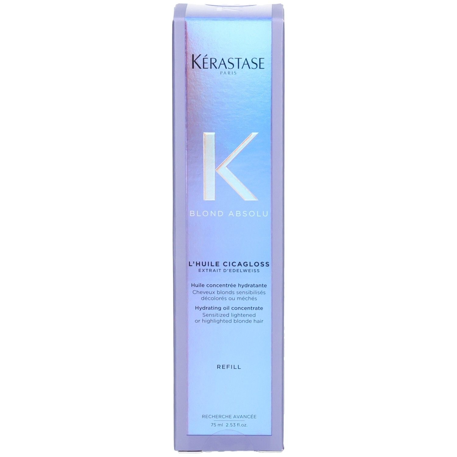 Avant de l'emballage Kérastase Blond Absolu Huile Cicagloss Recharge, montrant la marque et le nom du produit.