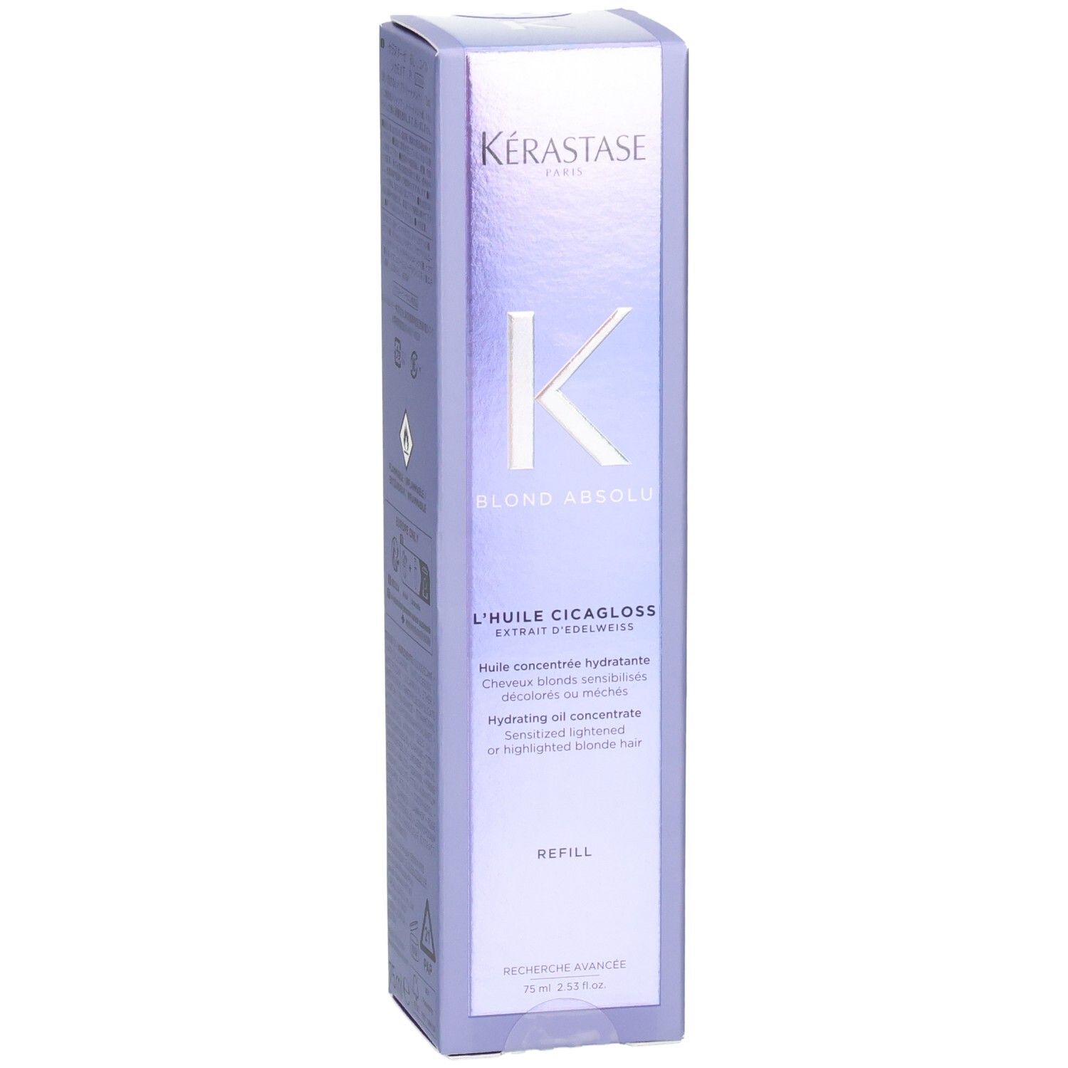 Emballage Kérastase Blond Absolu Huile Cicagloss Recharge, accent sur le logo K et le nom du produit.