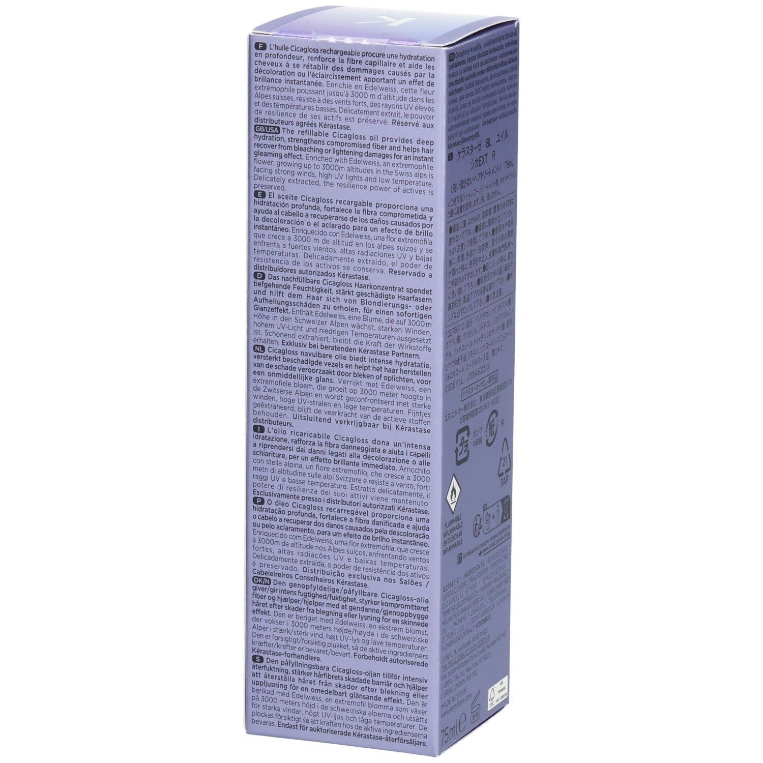 Emballage Kérastase Blond Absolu Huile Cicagloss rechargeable, côté avec texte.