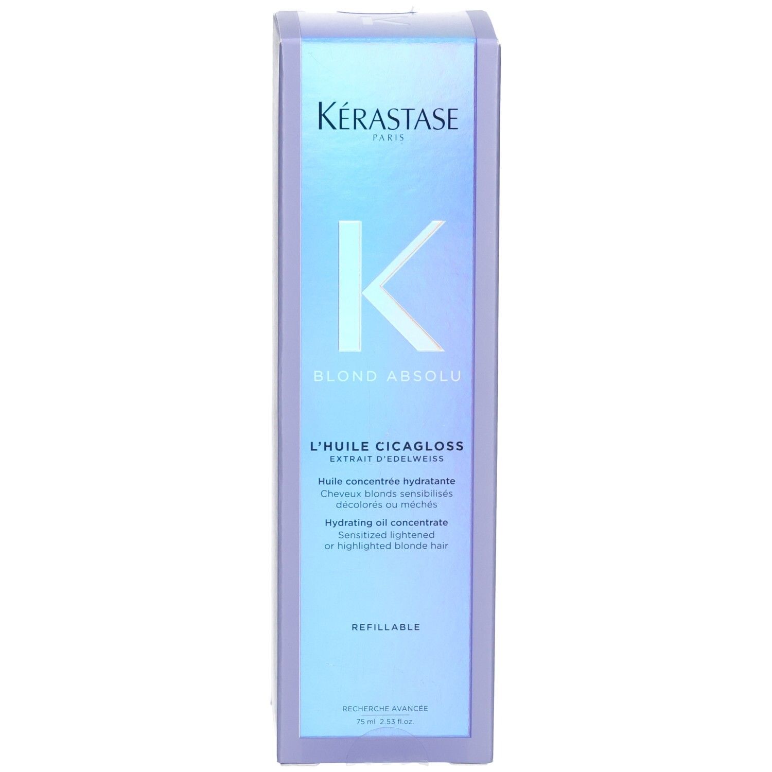 Emballage Kérastase Blond Absolu Huile Cicagloss rechargeable, face avant.