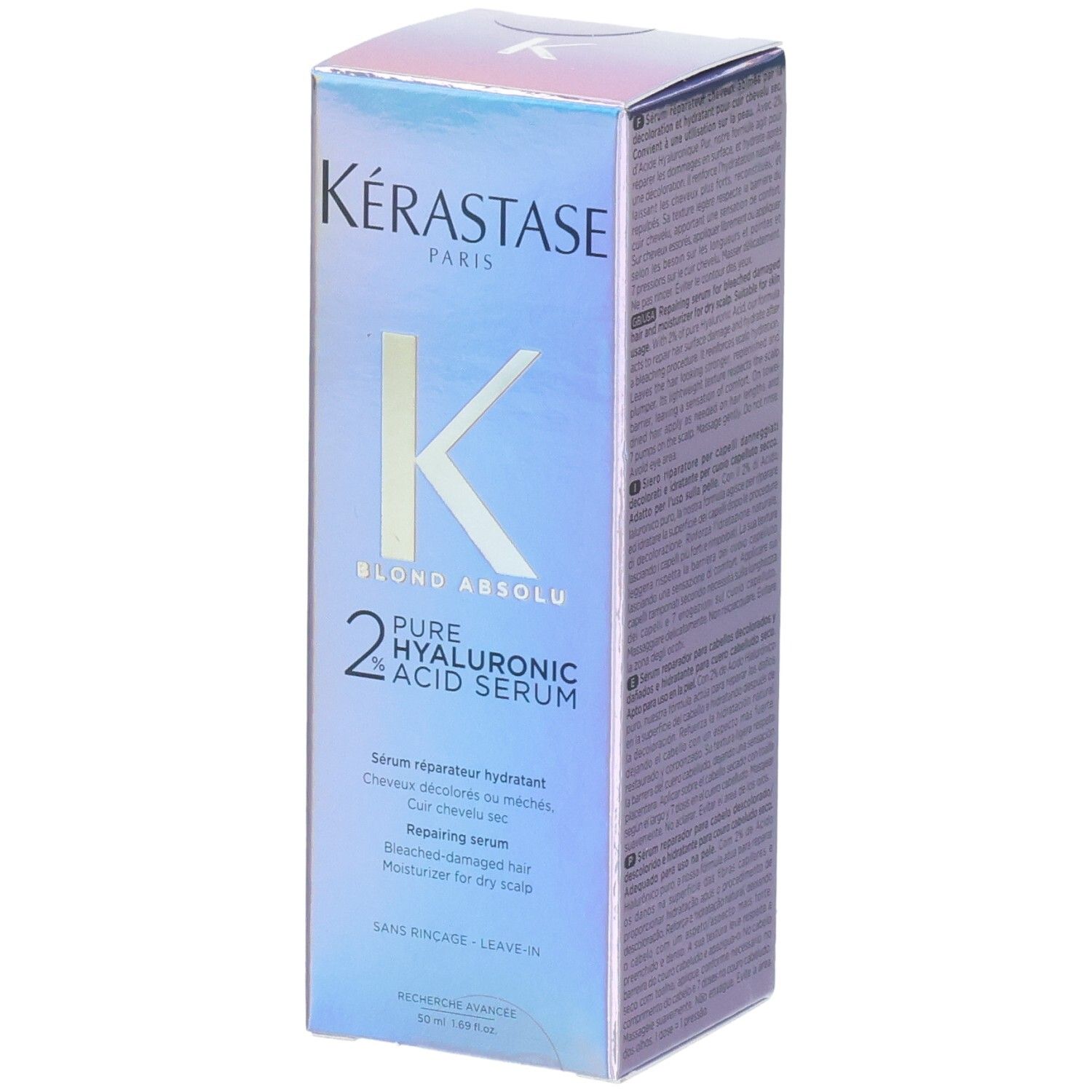 Kérastase Blond Absolu 2% Pure Hyaluronic Acid Serum Verpackung. Reparierendes Serum für blondes, geschädigtes Haar und trockene Kopfhaut.