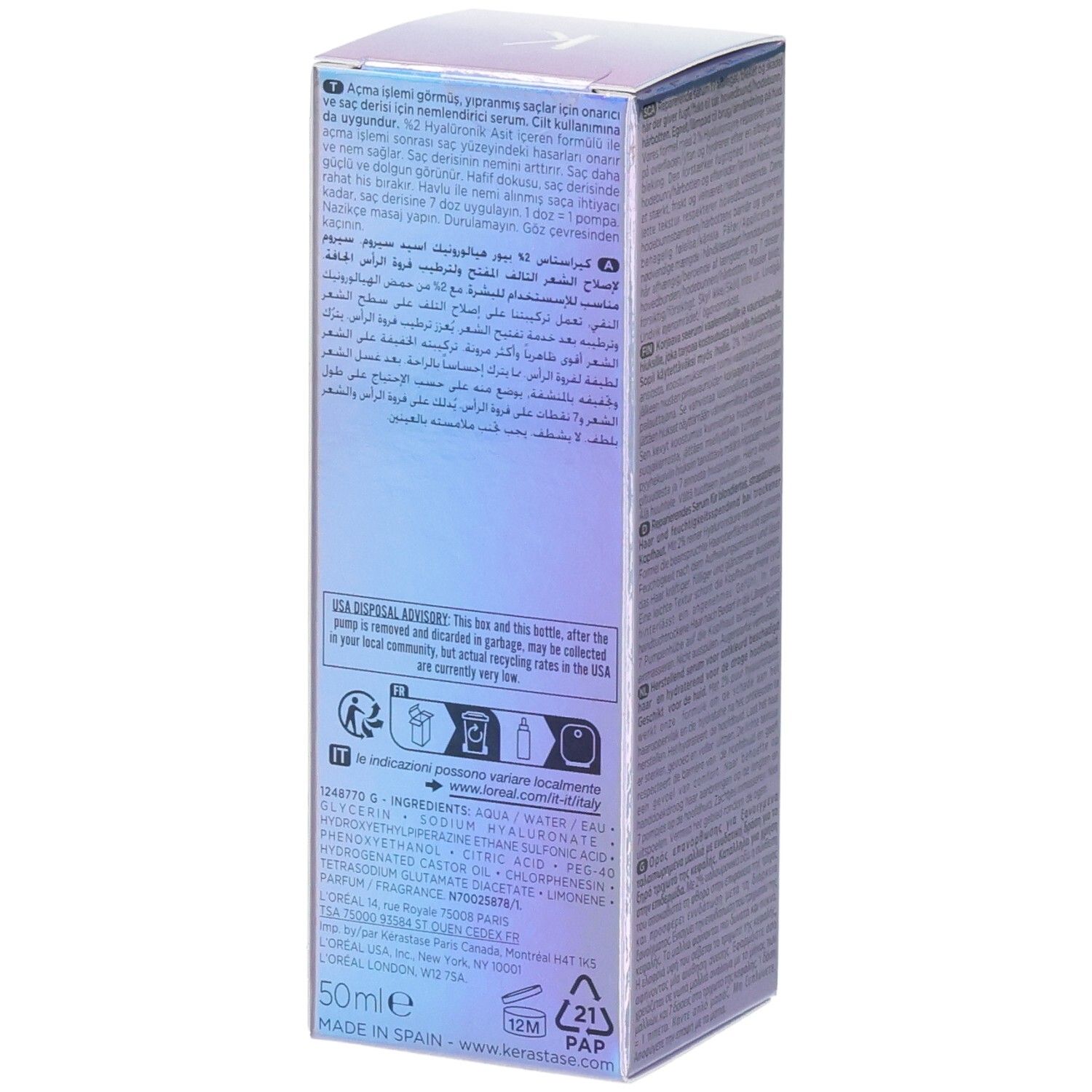 Kérastase Serum Box mit 50ml Inhalt, Made in Spain.