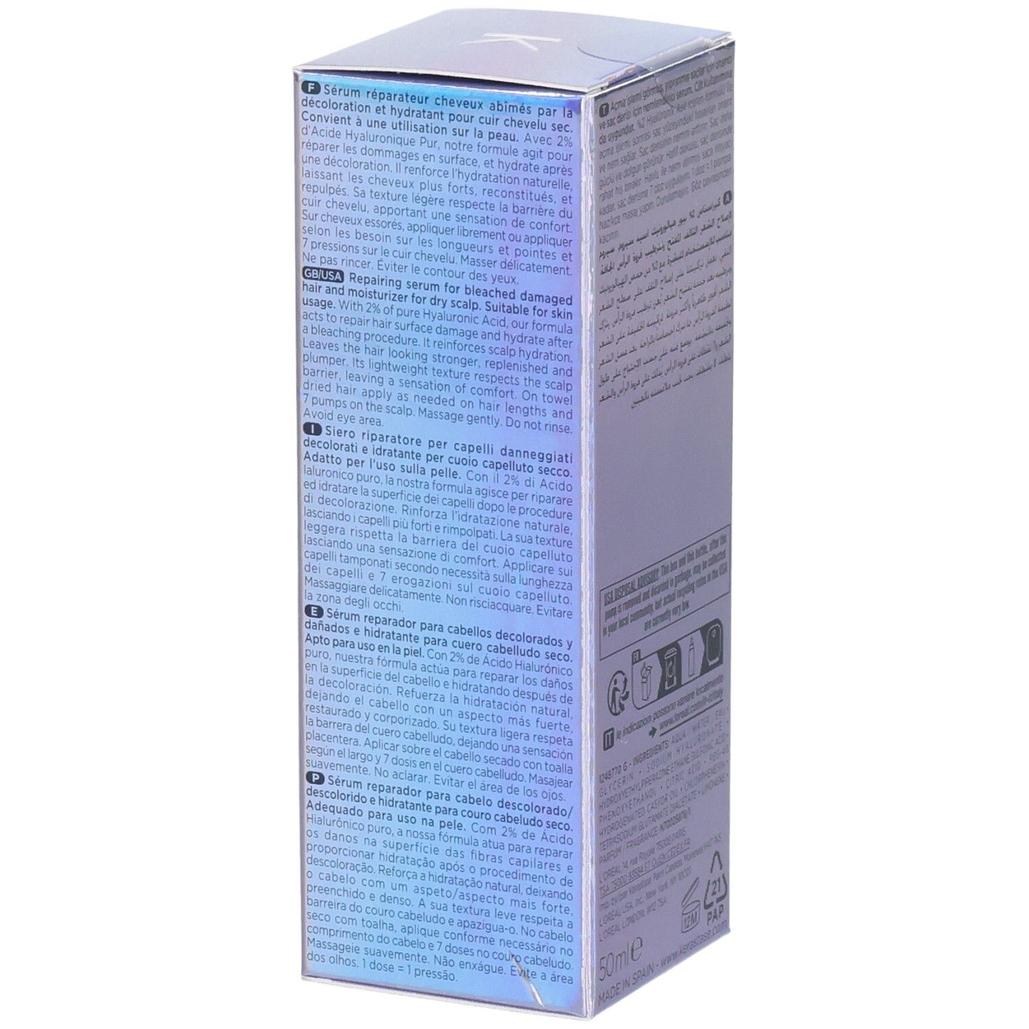 Verpackung eines Haarserums mit Hyaluronsäure, 50ml.