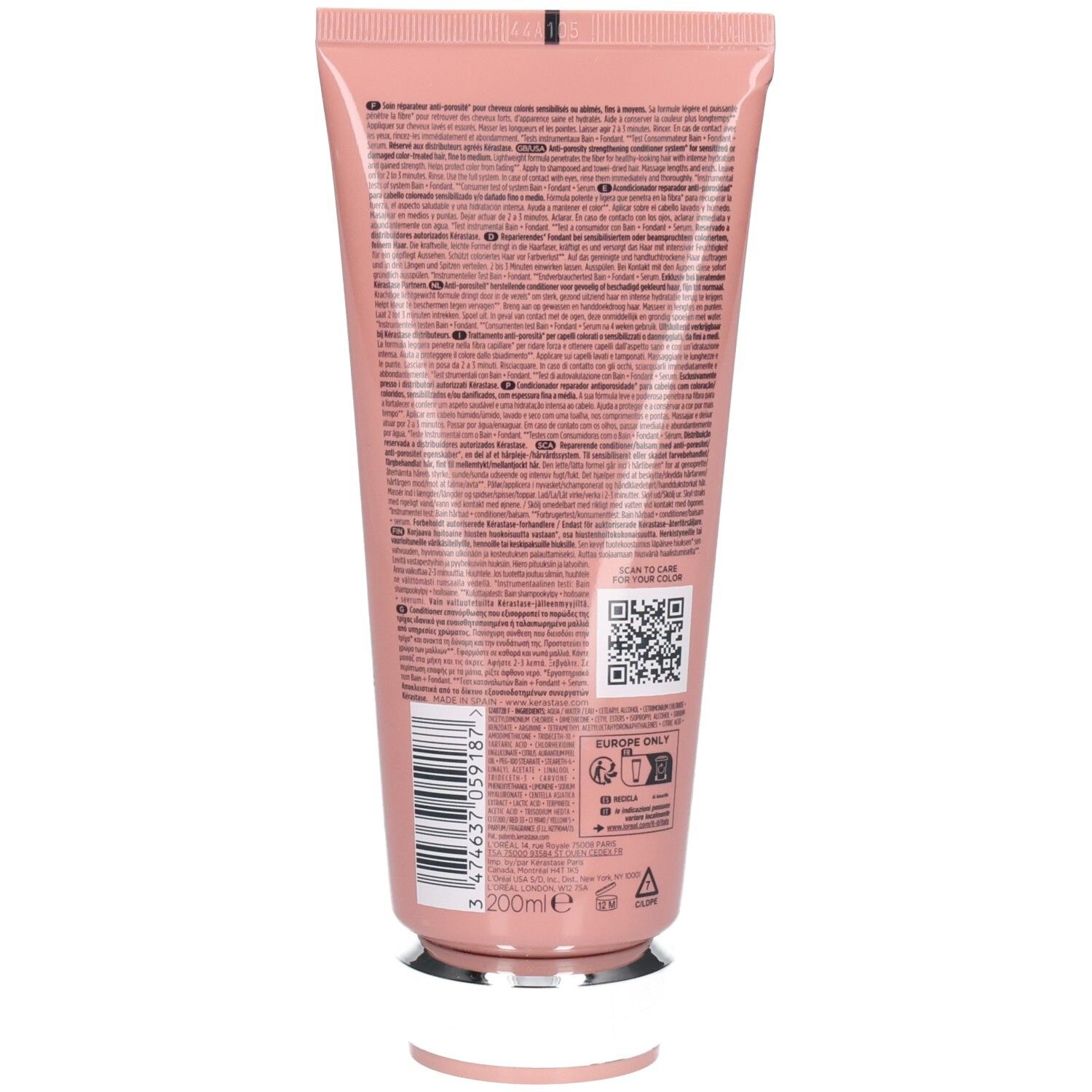 Arrière du tube Kérastase Chroma Absolu Fondant Cica Chroma Après-Shampooing avec informations produit et code-barres.
