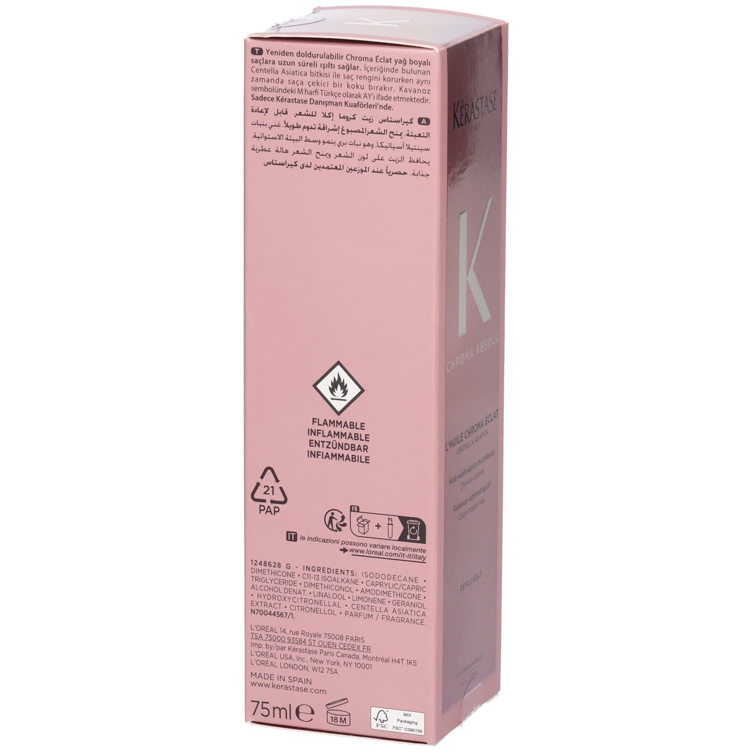 Arrière de l'emballage Kérastase Chroma Absolu avec symboles d'avertissement et ingrédients.