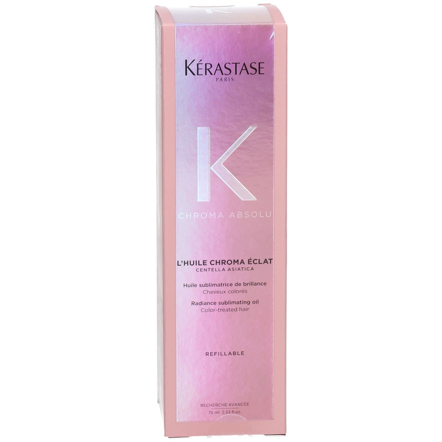 Emballage Kérastase Chroma Absolu Huile Éclat Rechargeable avec logo K et nom du produit.