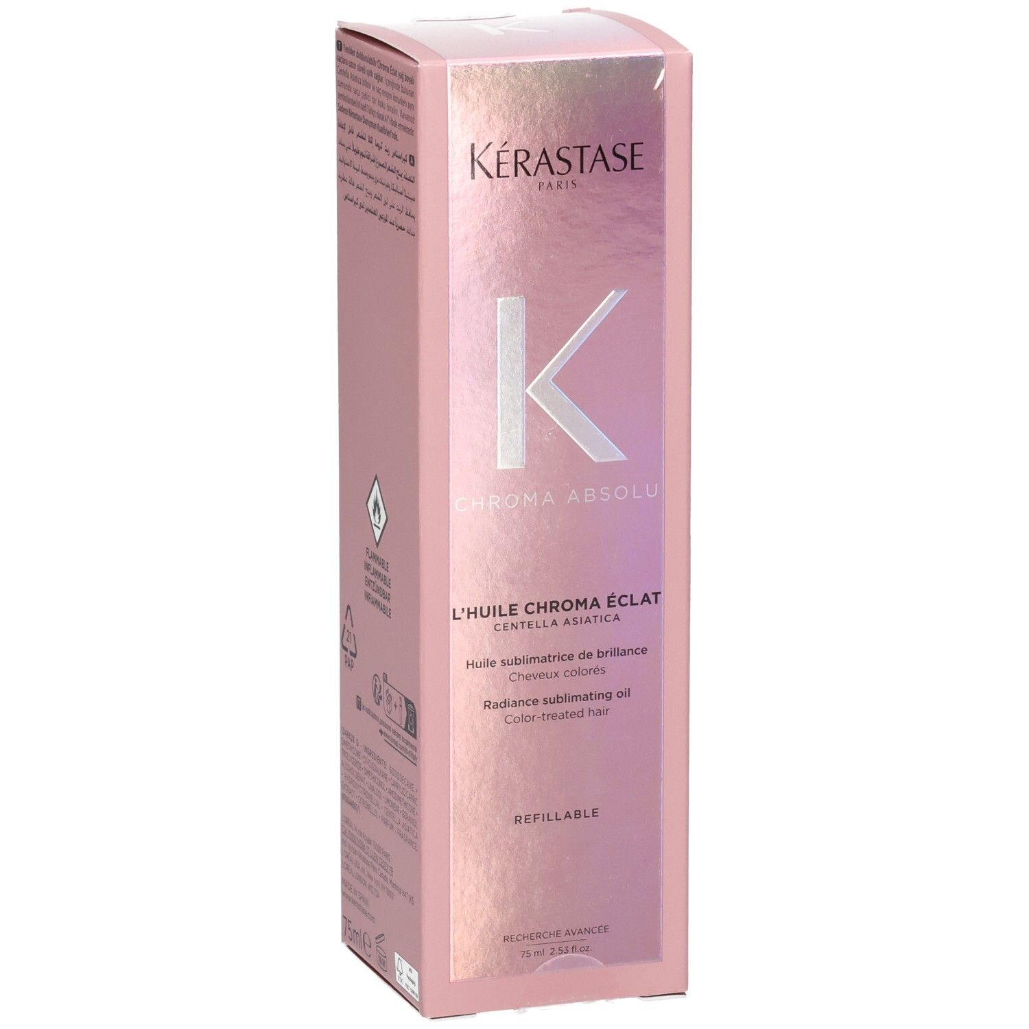 Emballage Kérastase Chroma Absolu Huile Éclat Rechargeable avec logo K et nom du produit.