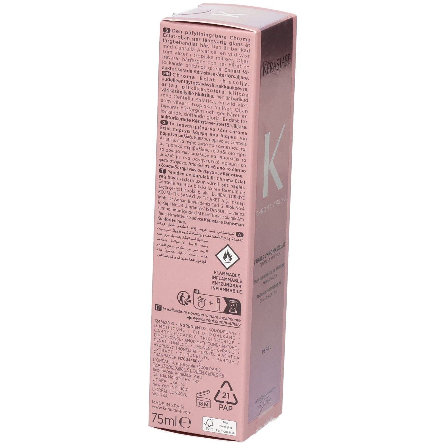 Kérastase Chroma Absolu Huile Chroma Éclat Recharge, Rückseite mit Inhaltsstoffen und Warnhinweisen.