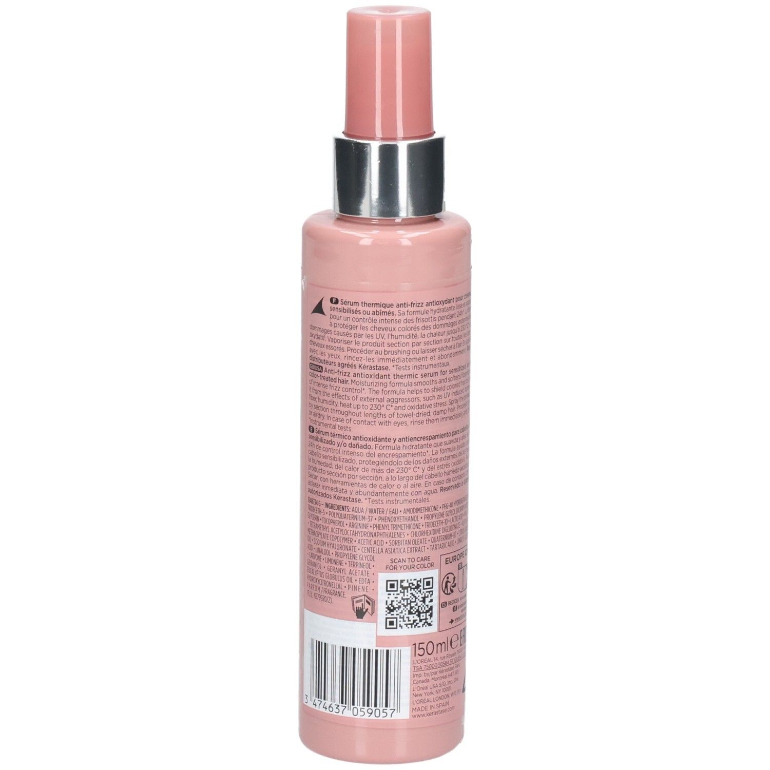 Rosa Pumpsprühflasche mit silbernem Ring und rosa Verschluss. Enthält 150ml.