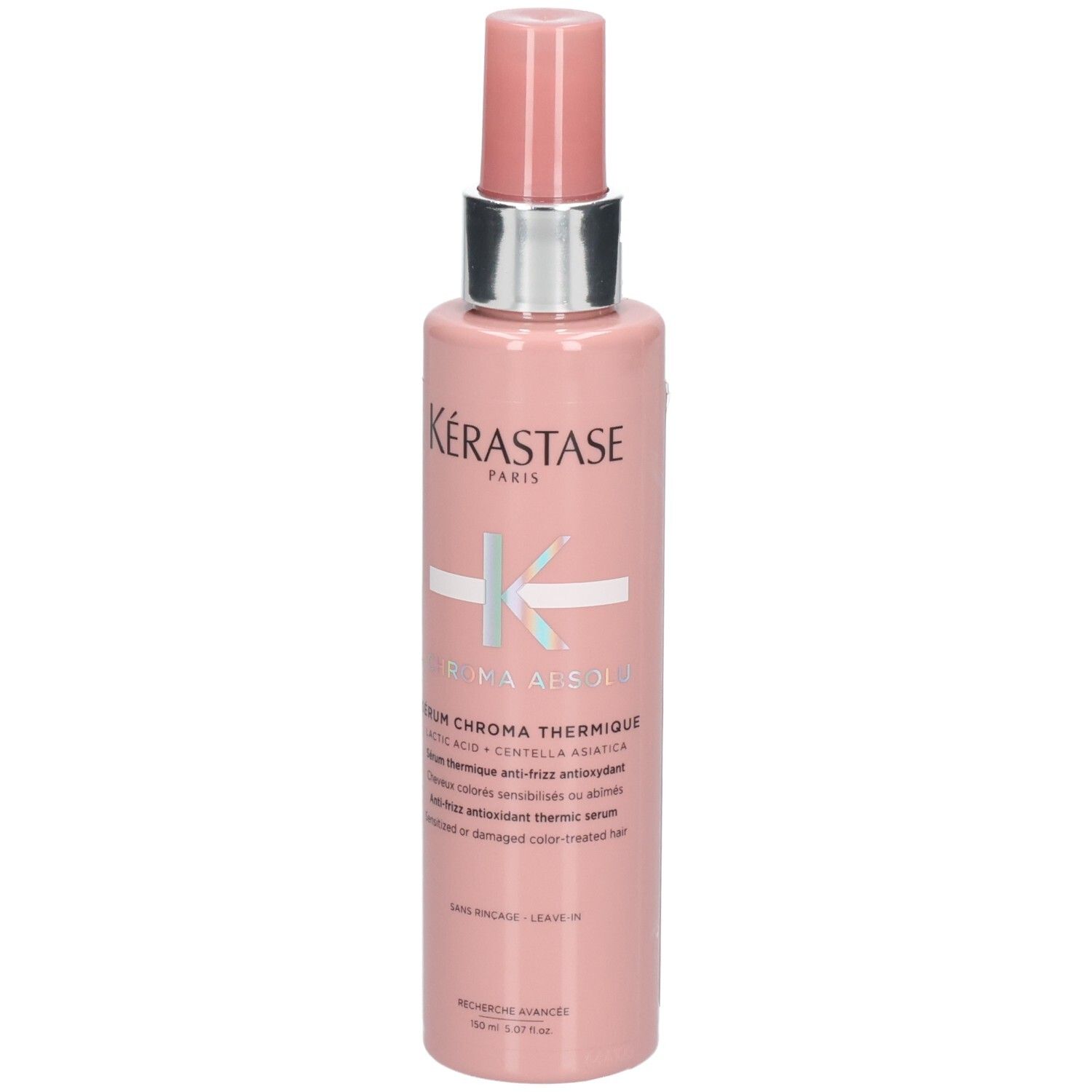 Kérastase Serum Chroma Thermique in rosa Flasche mit Pumpspender. Enthält Hyaluronsäure und Centella Asiatica.