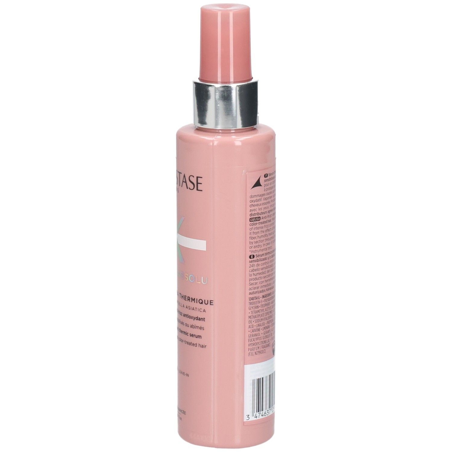 Eine rosafarbene Flasche mit Pumpspender, die ein Haarserum enthält. Beschriftung auf der Flasche sichtbar.