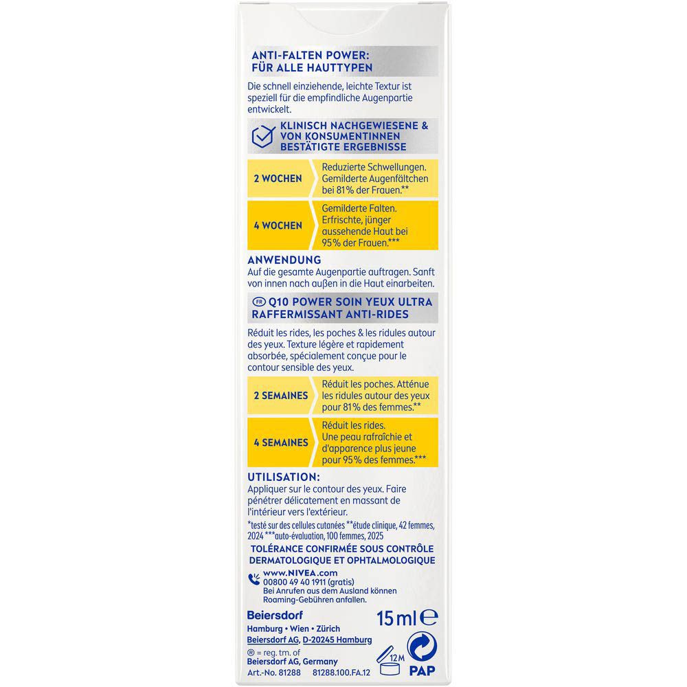 Tube de crème contour des yeux NIVEA Q10 Power avec applicateur.