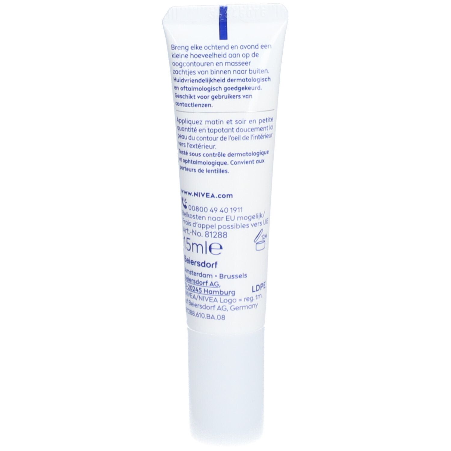 Rückseite der NIVEA Q10 Power Augencreme Tube mit Produktinformationen.
