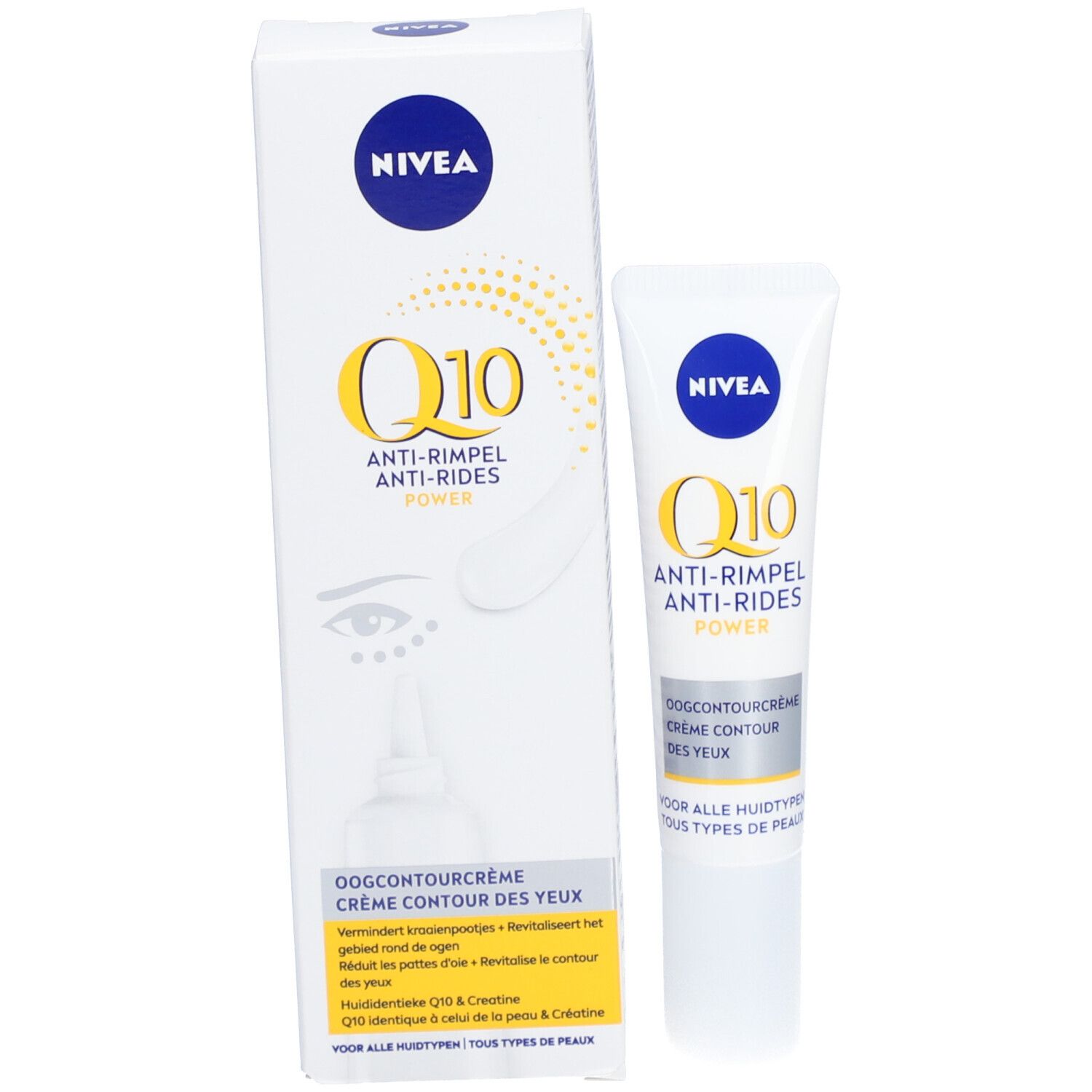 NIVEA Q10 Power Augencreme Tube und Faltschachtel.