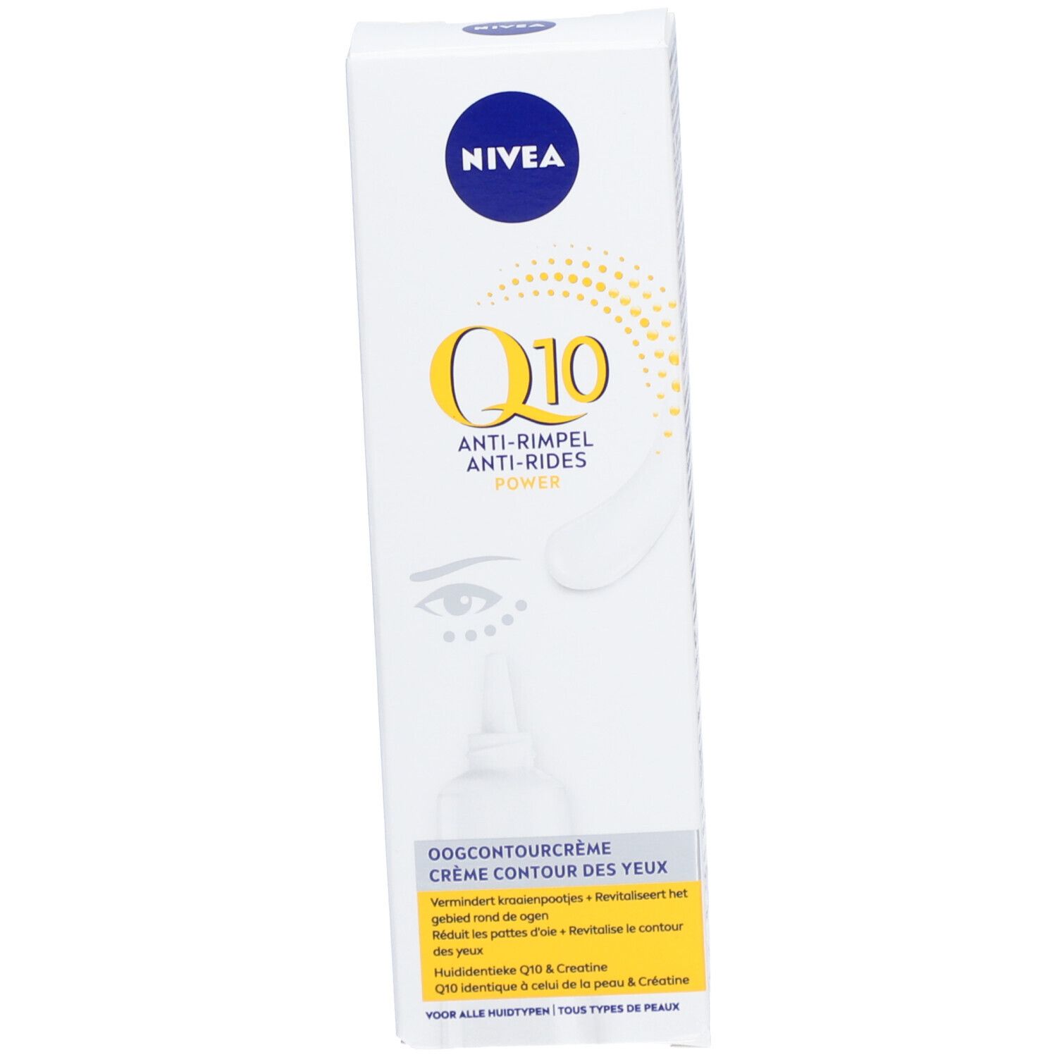 NIVEA Q10 Power Augencreme Faltschachtel mit Produktabbildung.