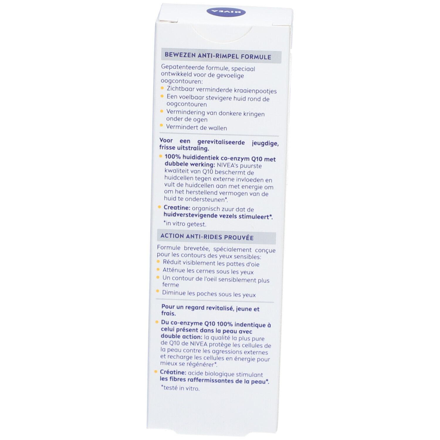 Rückseite der NIVEA Q10 Power Augencreme Faltschachtel mit Details.