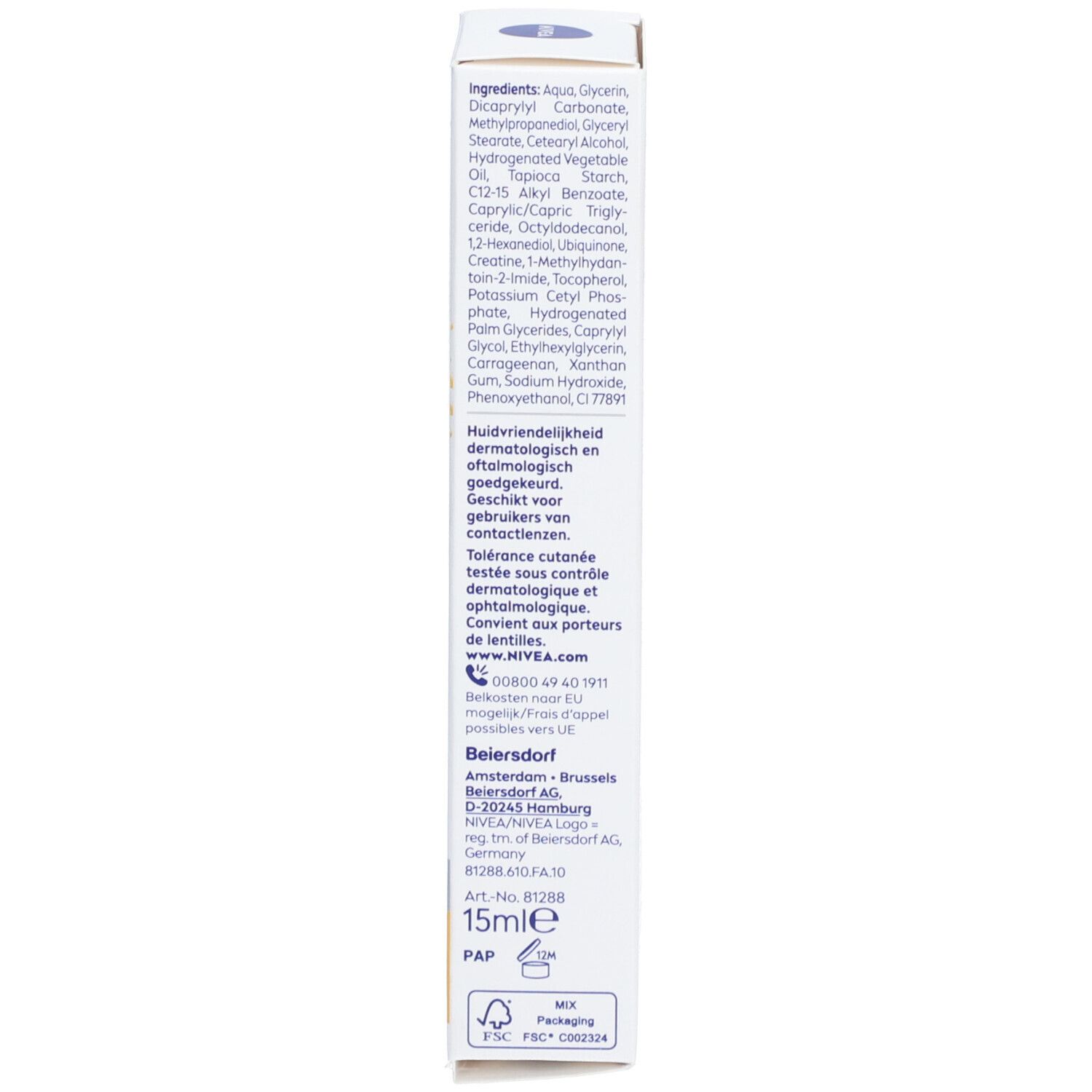 Seitenansicht der NIVEA Q10 Power Augencreme Faltschachtel mit Inhaltsstoffen.