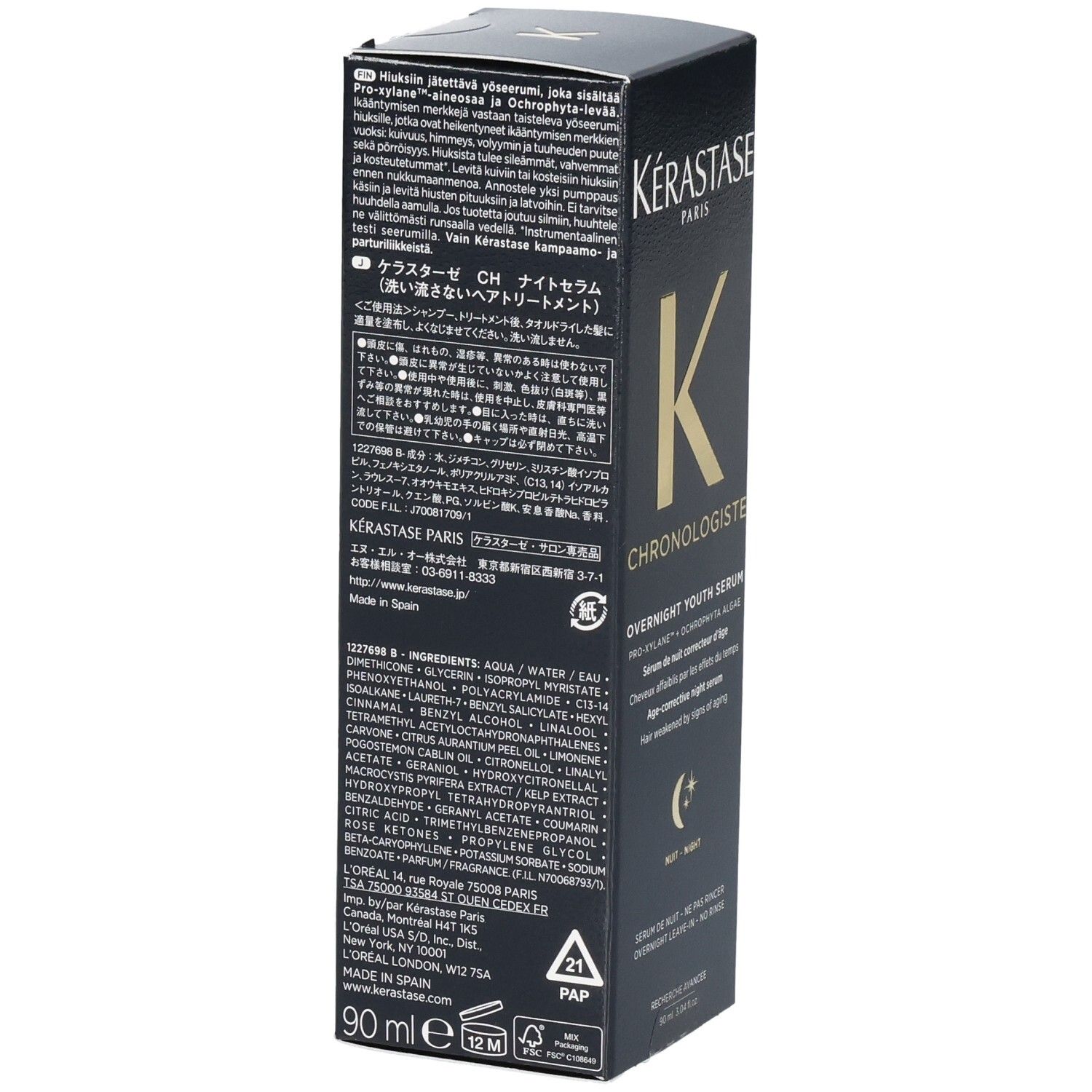 Kérastase Chronologiste Overnight Youth Serum 90ml Box. Schwarze Verpackung mit goldenem K-Logo und Produktinformationen.