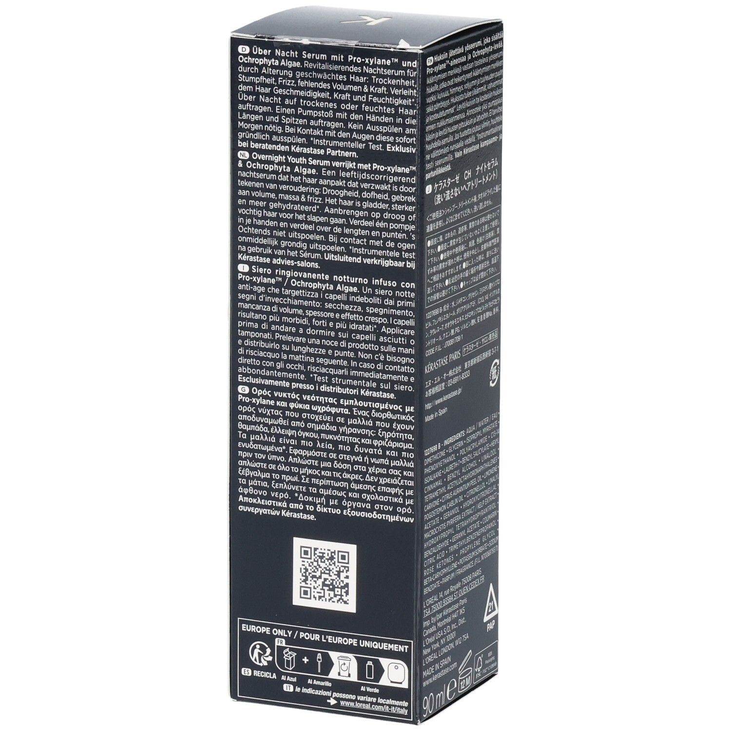 Dunkle Verpackung für ein Nachtserum mit Textangaben und QR-Code.