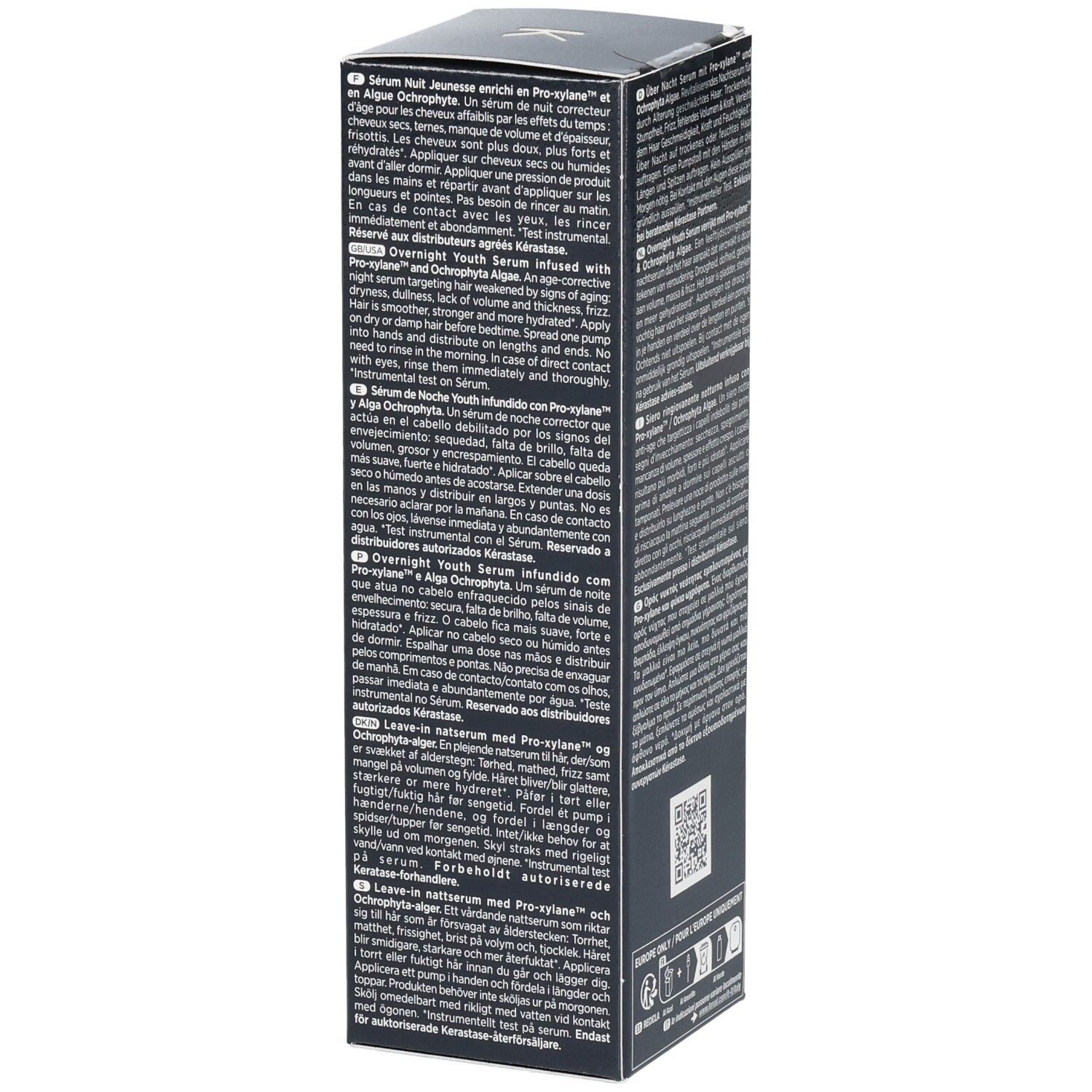 Dunkelgraue Verpackung für Haarserum mit Text in mehreren Sprachen und QR-Code.