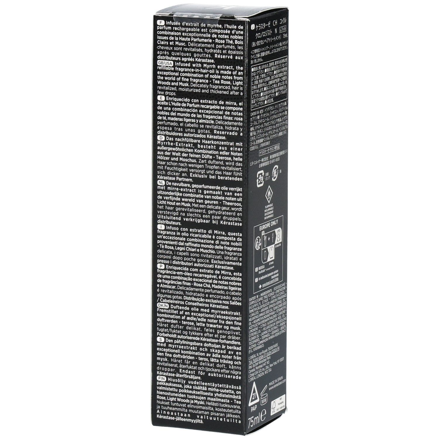 Seitenansicht der Kérastase Chronologiste L'Huile de Parfum Nachfüllpackung mit mehrsprachigen Produktinformationen.