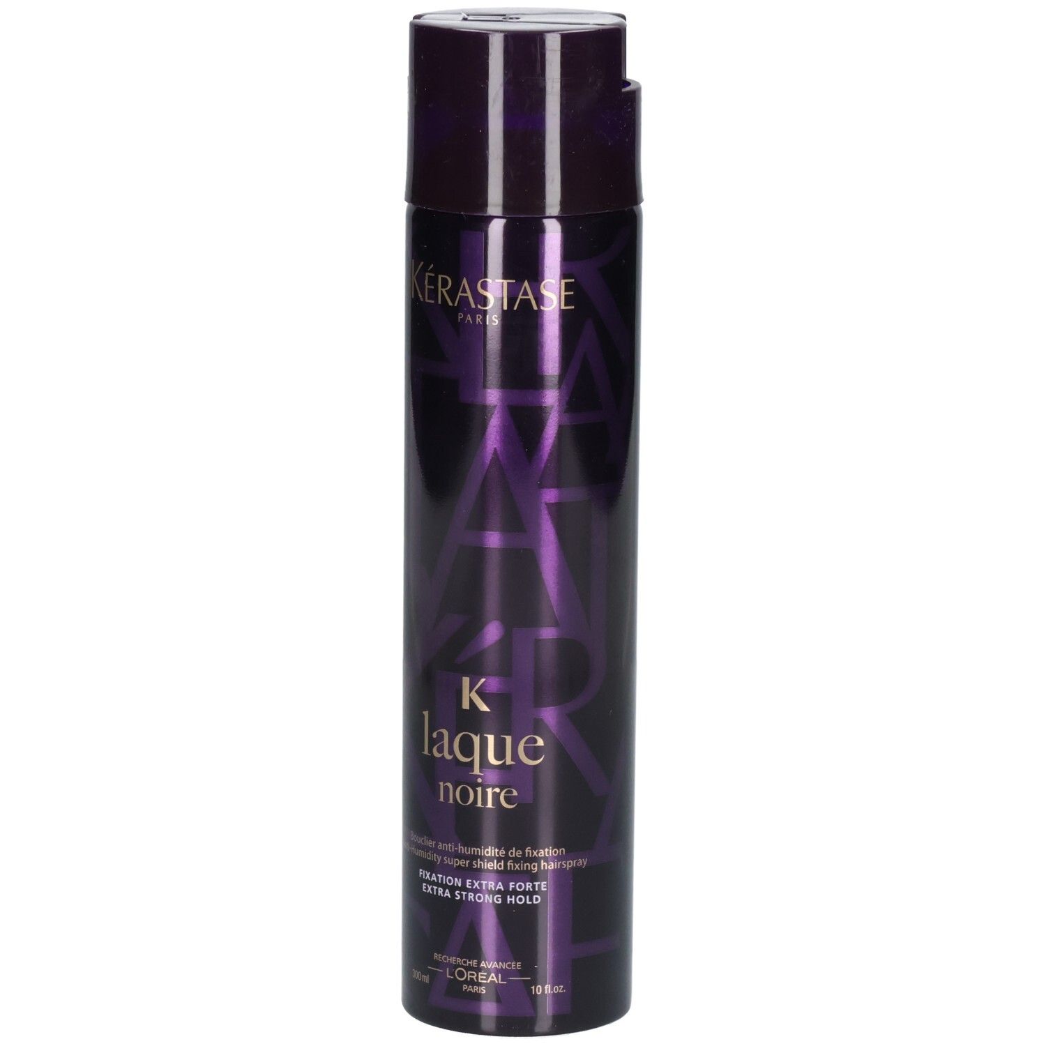 Kérastase Laque Noire Haarspray in dunkler Flasche mit lila Muster. Extra starker Halt.