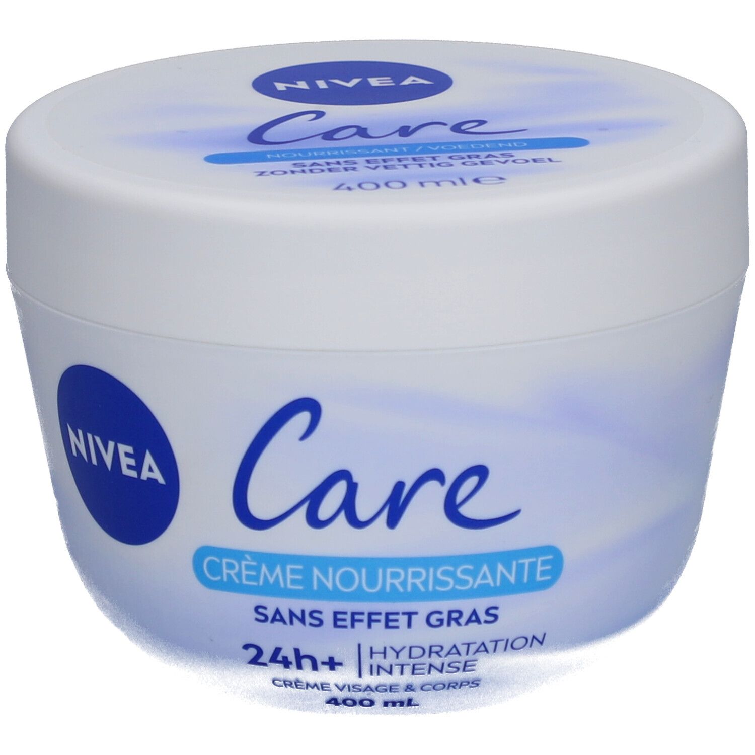 Pot blanc avec couvercle bleu. Inscription: NIVEA Care, Crème Nourrissante, sans effet gras, 24h+ hydratation intense. 400 ml.