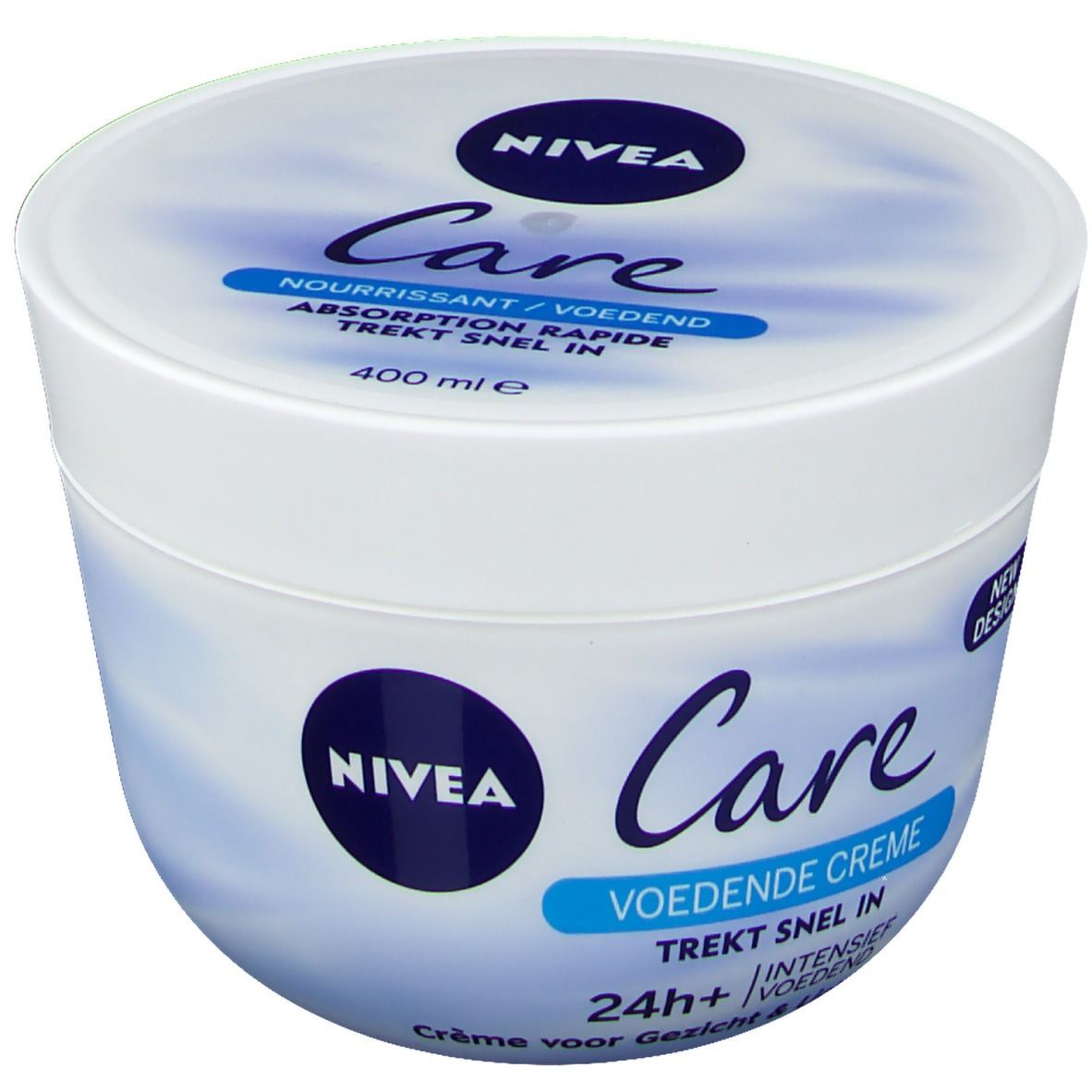 Pot blanc avec couvercle bleu. Inscription: NIVEA Care, Voedende Crème, absorption rapide, 24h+ hydratation intense. 400 ml.
