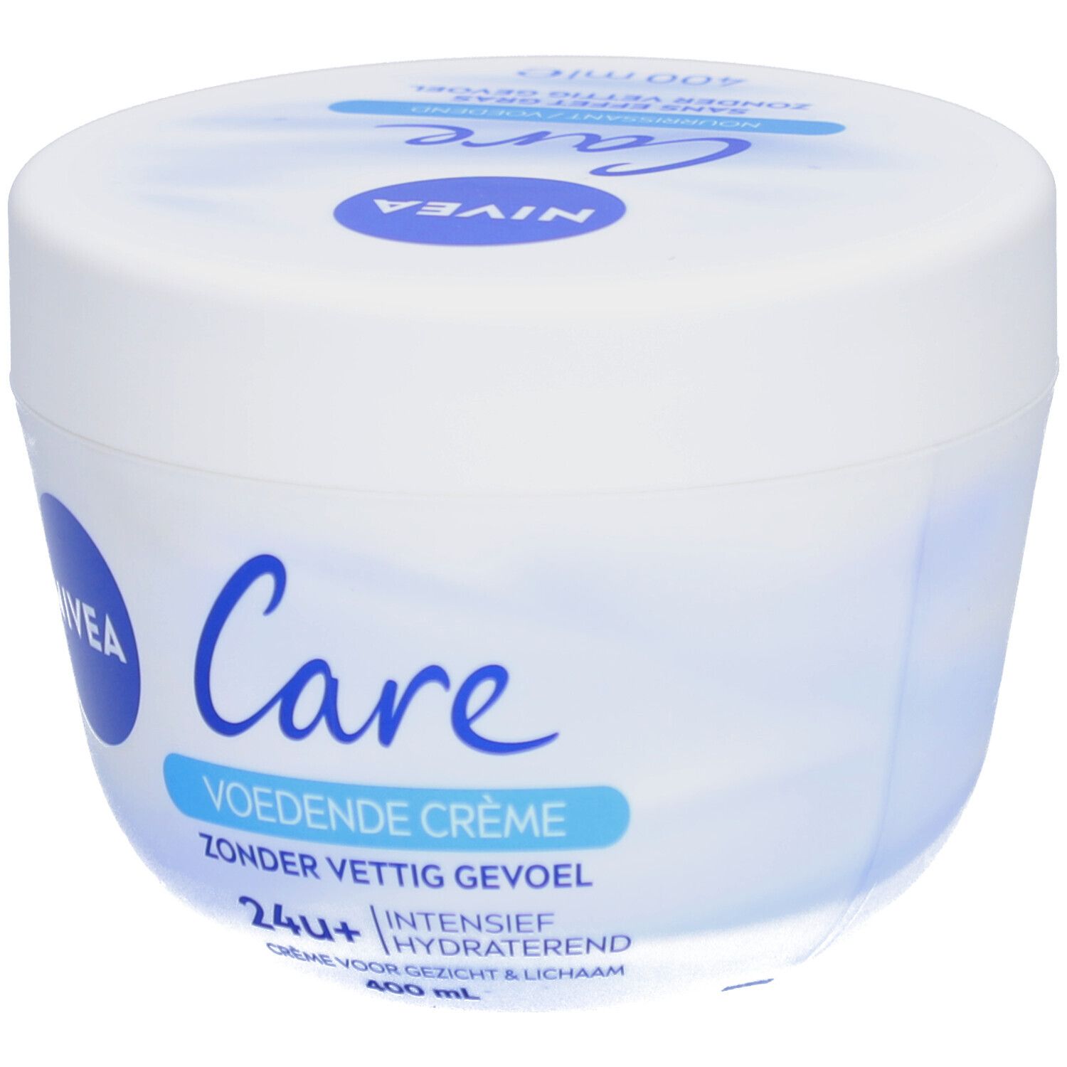 Pot blanc avec couvercle bleu. Inscription: NIVEA Care, Voedende Crème, sans effet gras, 24h+ hydratation intense. 400 ml.