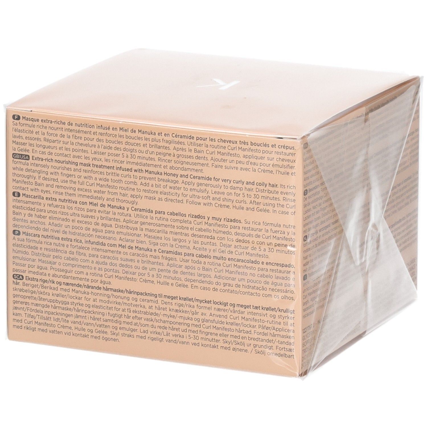 Verpackung einer Haarkur mit Manuka Honig und Ceramid.