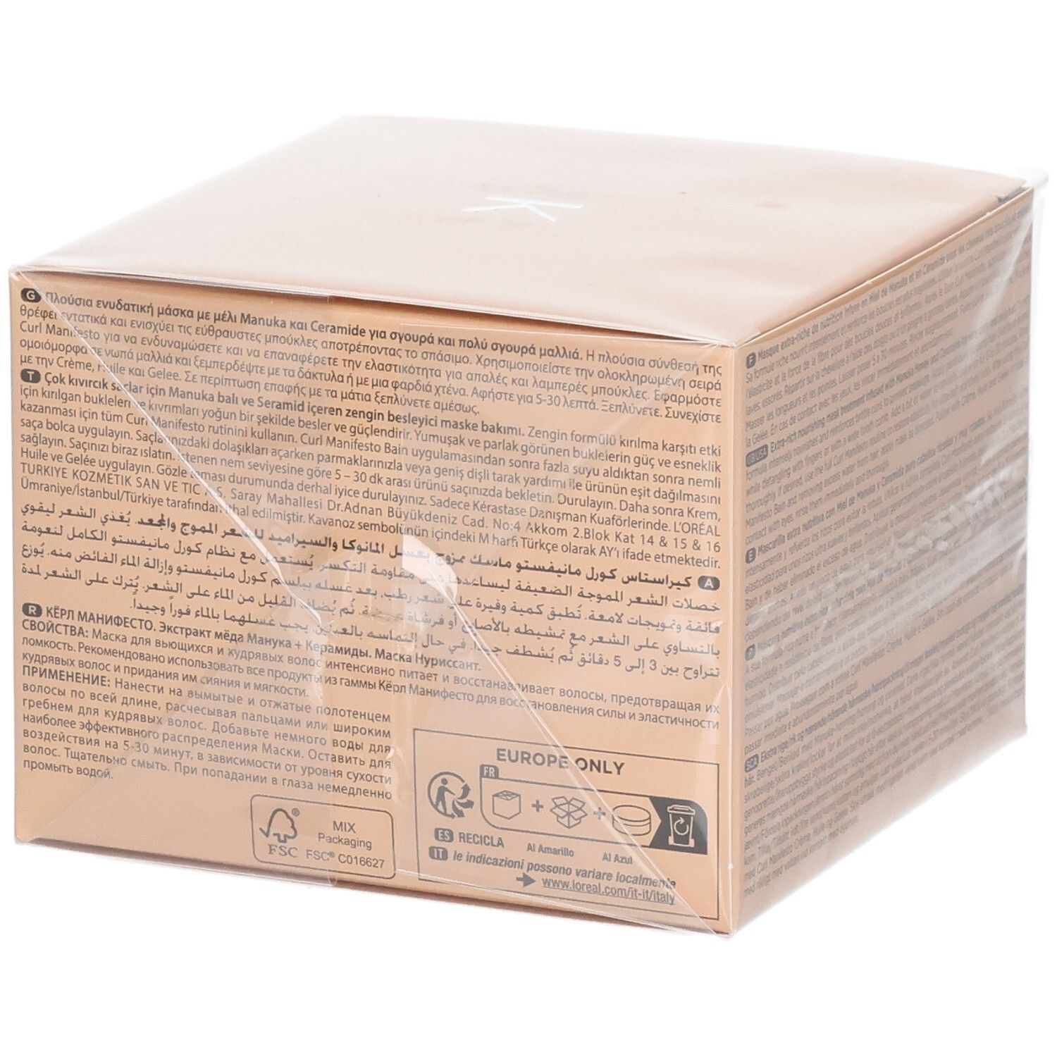 Verpackung einer Haarmaske mit Manuka Honig und Ceramiden. Mehrsprachige Beschriftung.