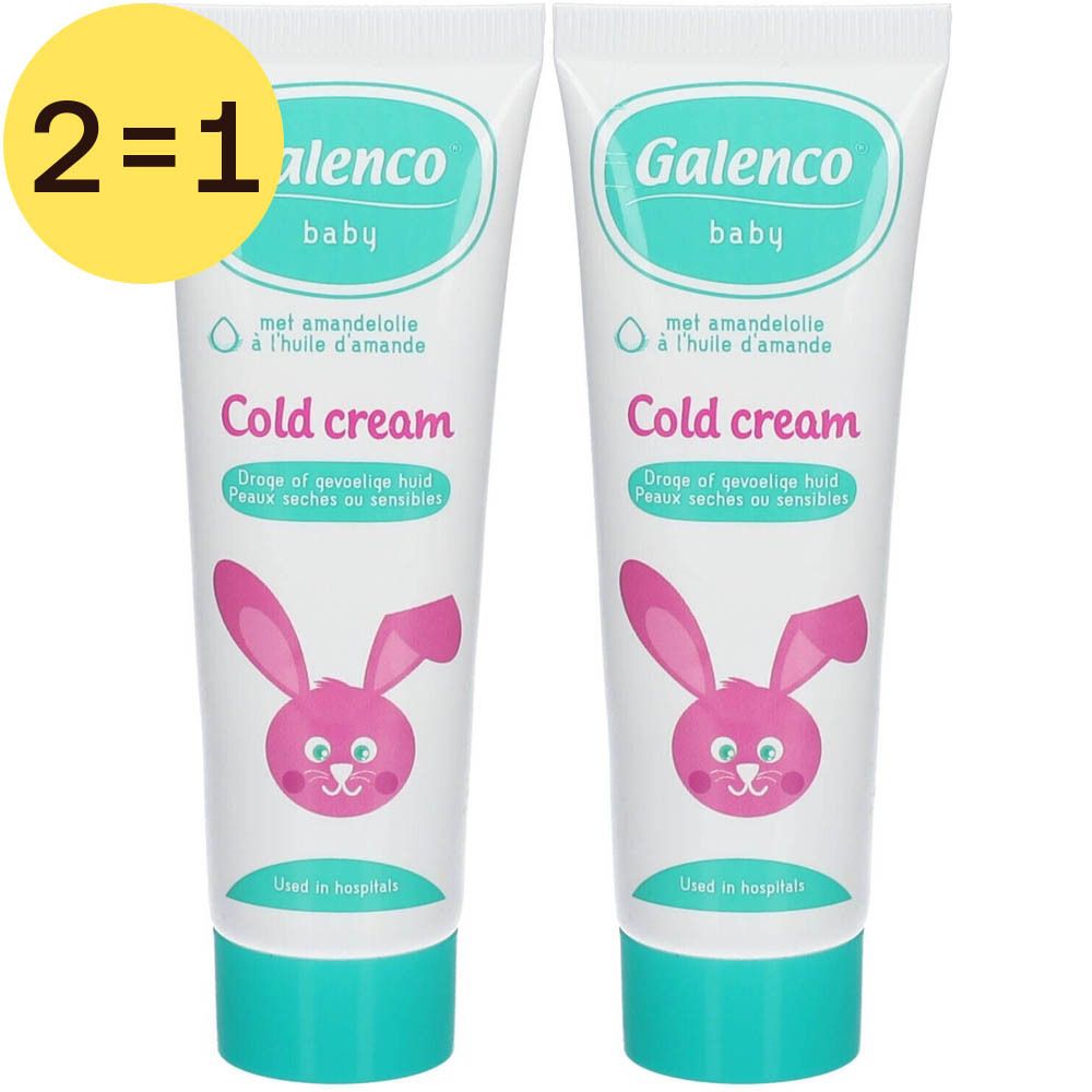 Zwei Tuben Baby Cold Cream. Aufschrift: Galenco Baby, Cold cream, mit amandelolie. Auf der Verpackung: 2=1.