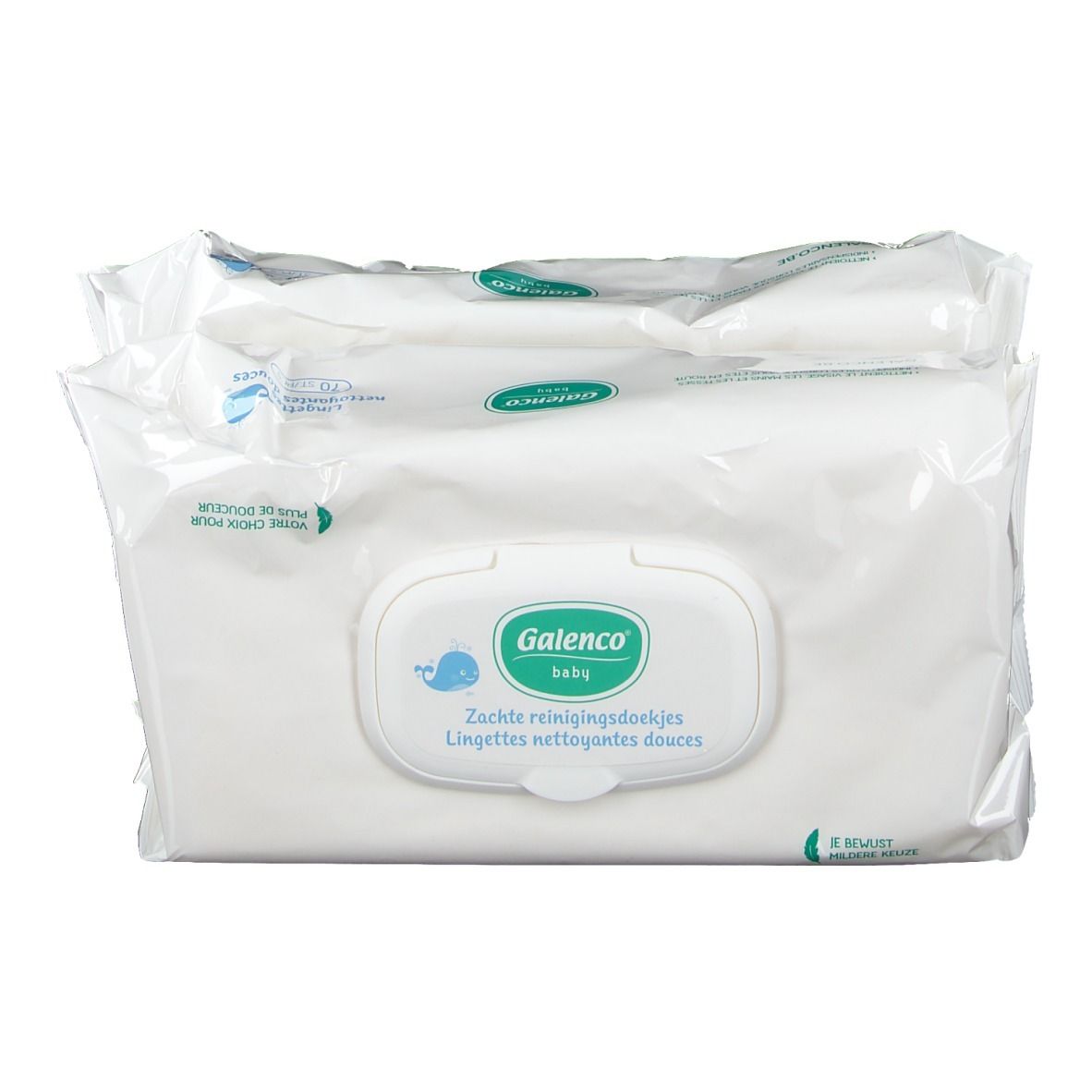 Zwei Packungen Galenco Baby Reinigungstücher. Weiße Verpackung mit grünem Logo und Produktbezeichnung. Aufschrift: Zachte reinigingsdoekjes.