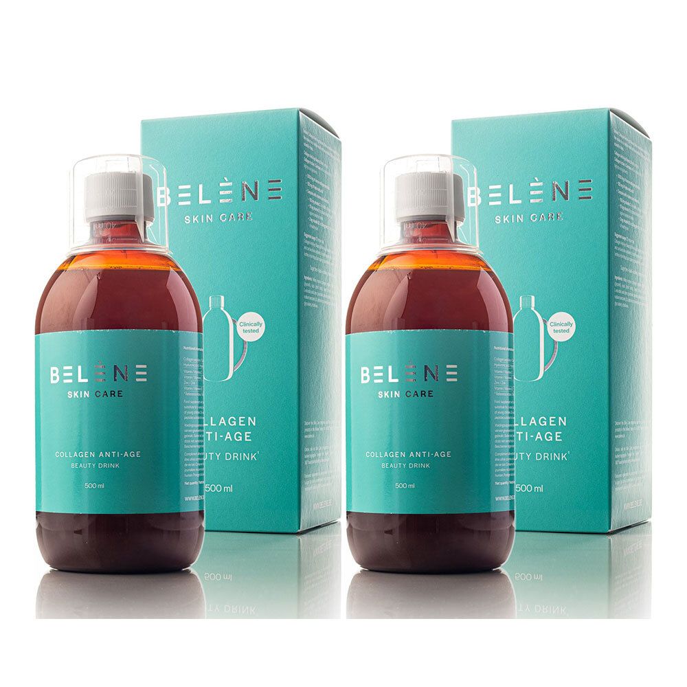 Deux bouteilles de BELENE Collagen Anti-Age Beauty Drink et deux boîtes. Bouteilles avec liquide brun. Boîtes turquoise.