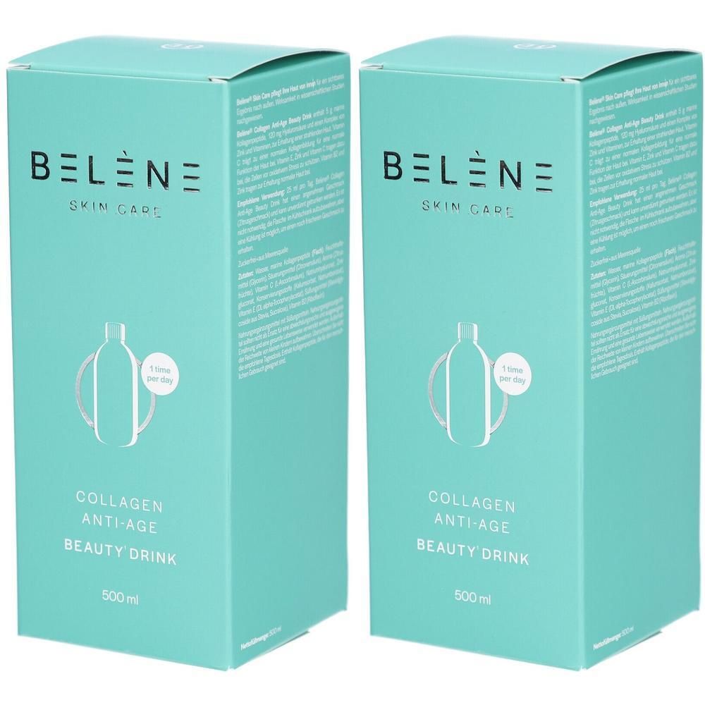 Deux boîtes de BELENE Collagen Anti-Age Beauty Drink. Boîtes turquoise avec logo de produit et de marque. Illustration de bouteille.