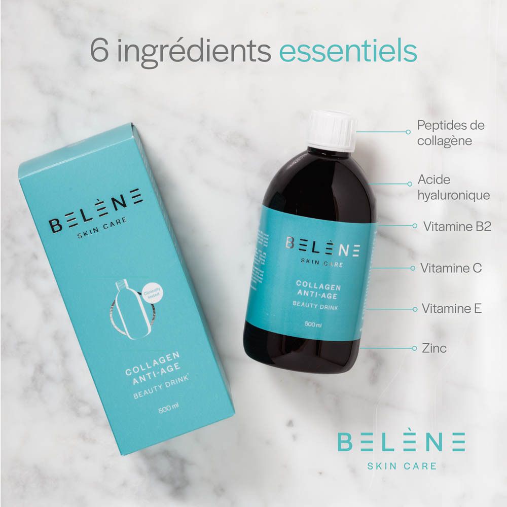 Une bouteille de BELENE Collagen Anti-Age Beauty Drink et une boîte. Le nom de la marque est sur la bouteille et la boîte. 6 ingrédients.